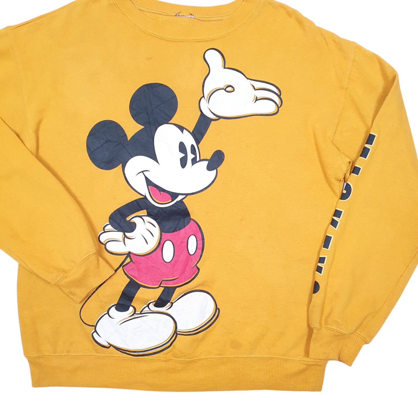 Womens Yellow Disney Mickey Mouse Sleeve Spellout Crewneck Jumper