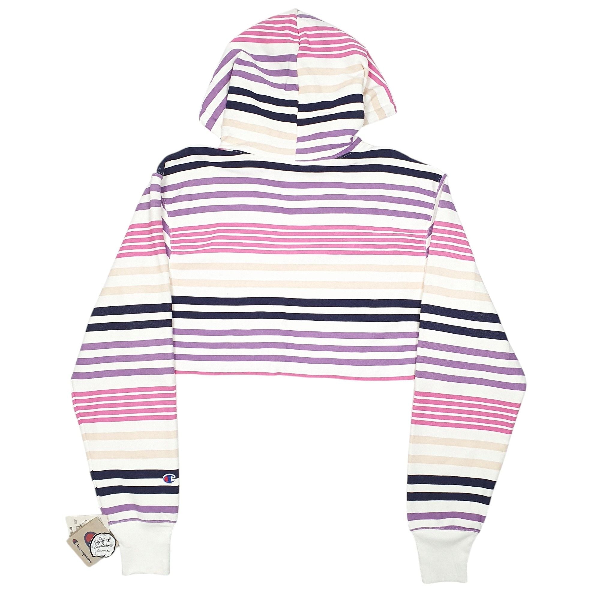 Champion Cropped Striped Oversized Reverse Weave Hoodie Cotton Blend Sweatshirt Jumper Womens S