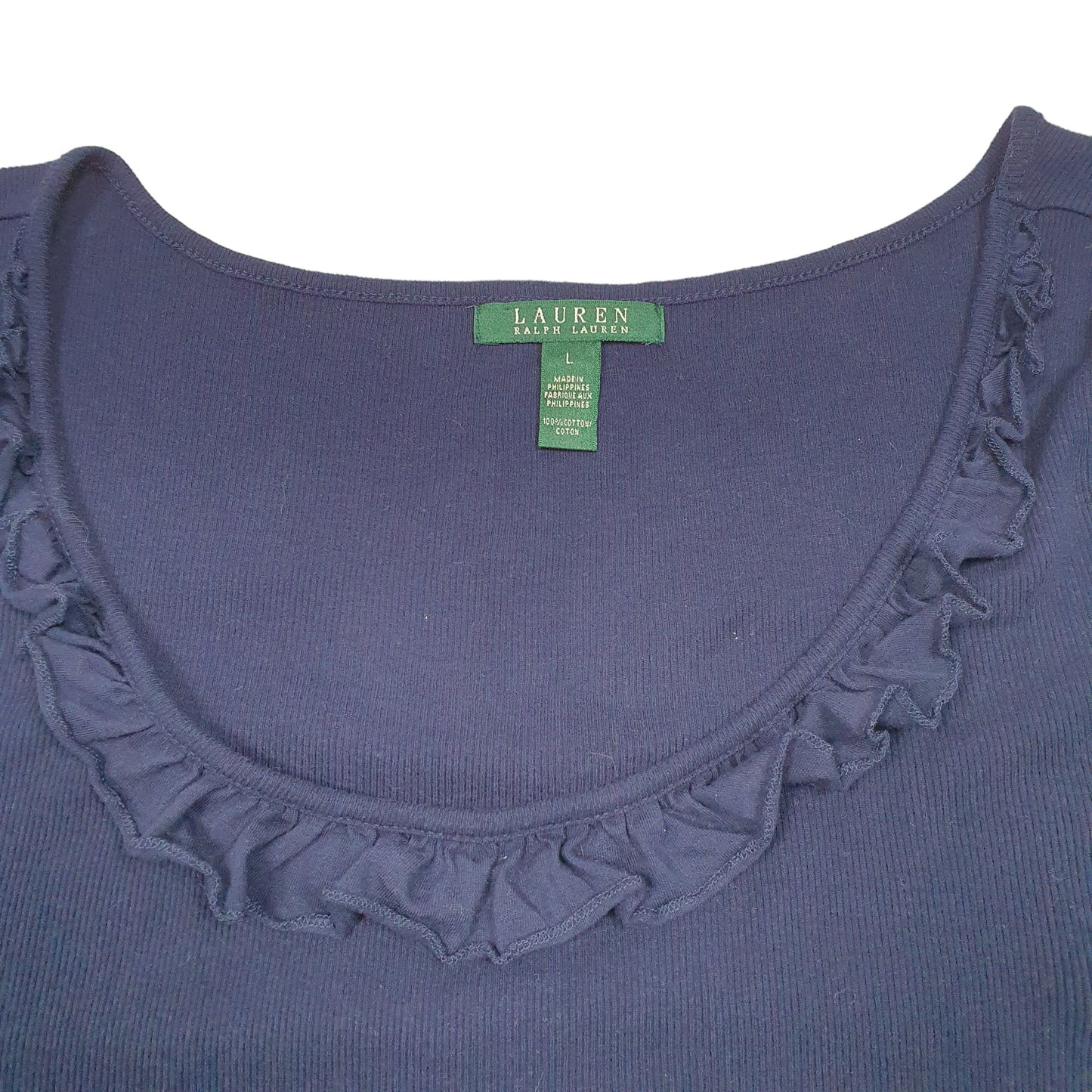Womens Navy Lauren Ralph Lauren Frill Top Ribbed Short Sleeve T Shirt
