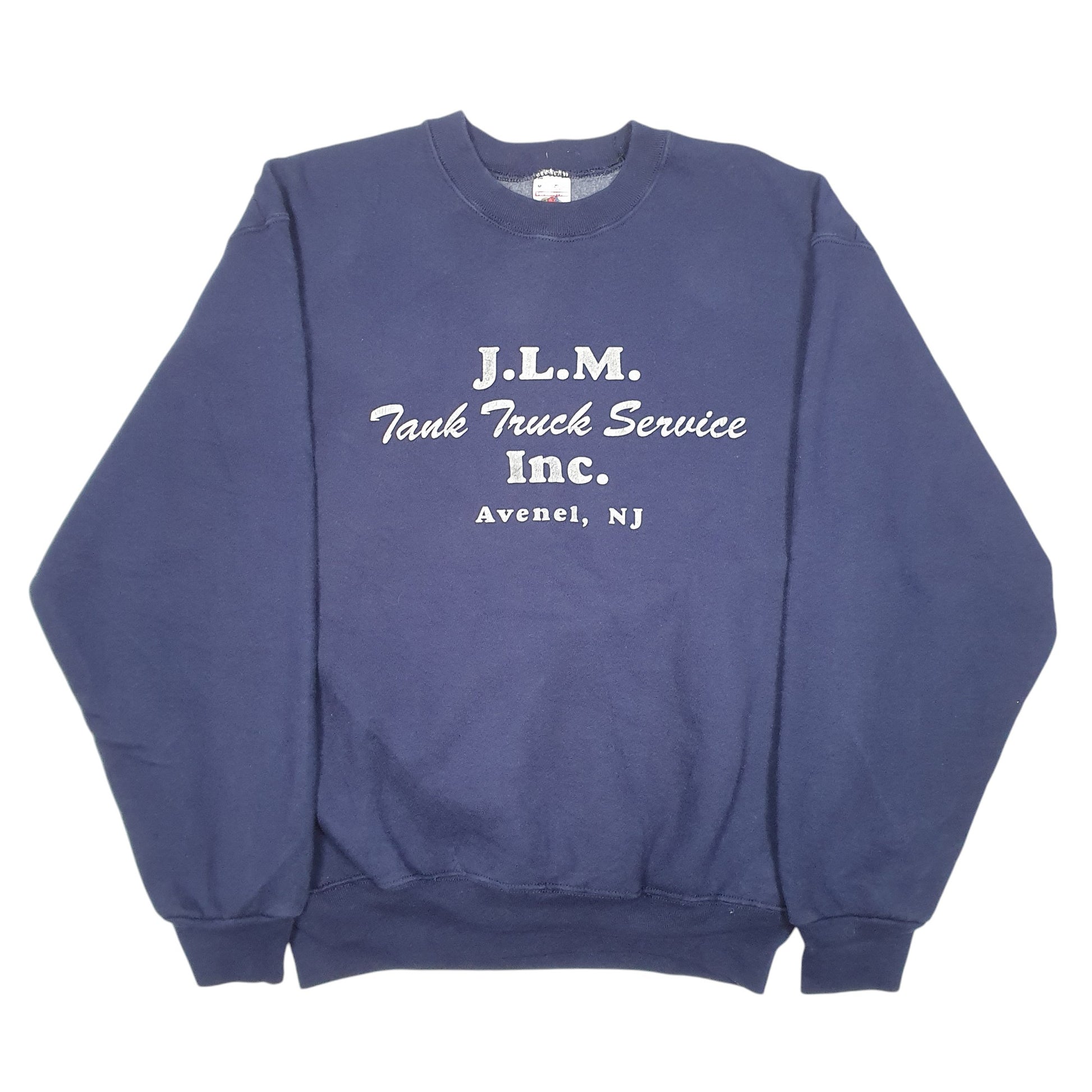 Mens Navy Fruit Of The Loom Vintage Made In USA JLM Truck Service 90s Supercotton Crewneck Jumper