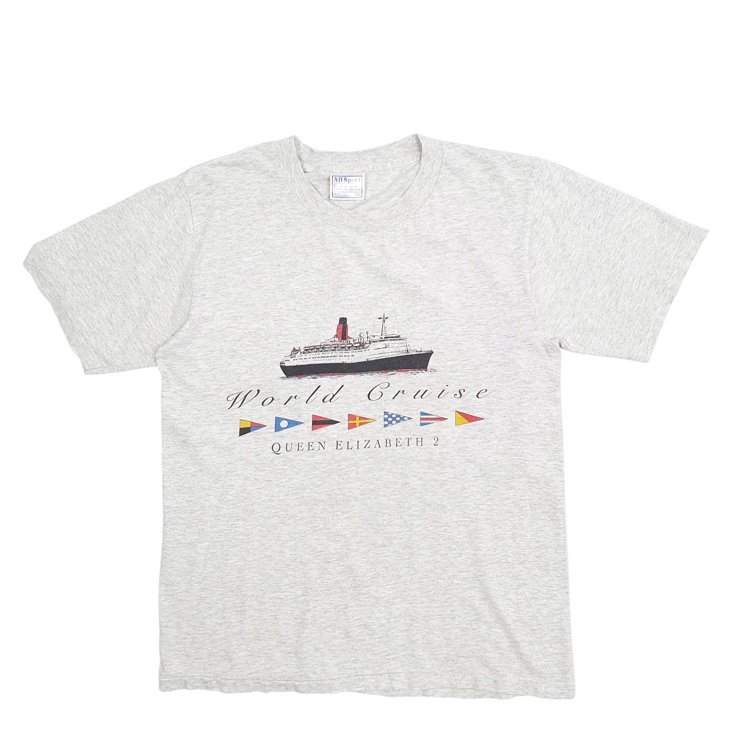 Womens Grey Allsport Single Stitch Vintage 90s Queen Elizabeth 2 Short Sleeve T Shirt