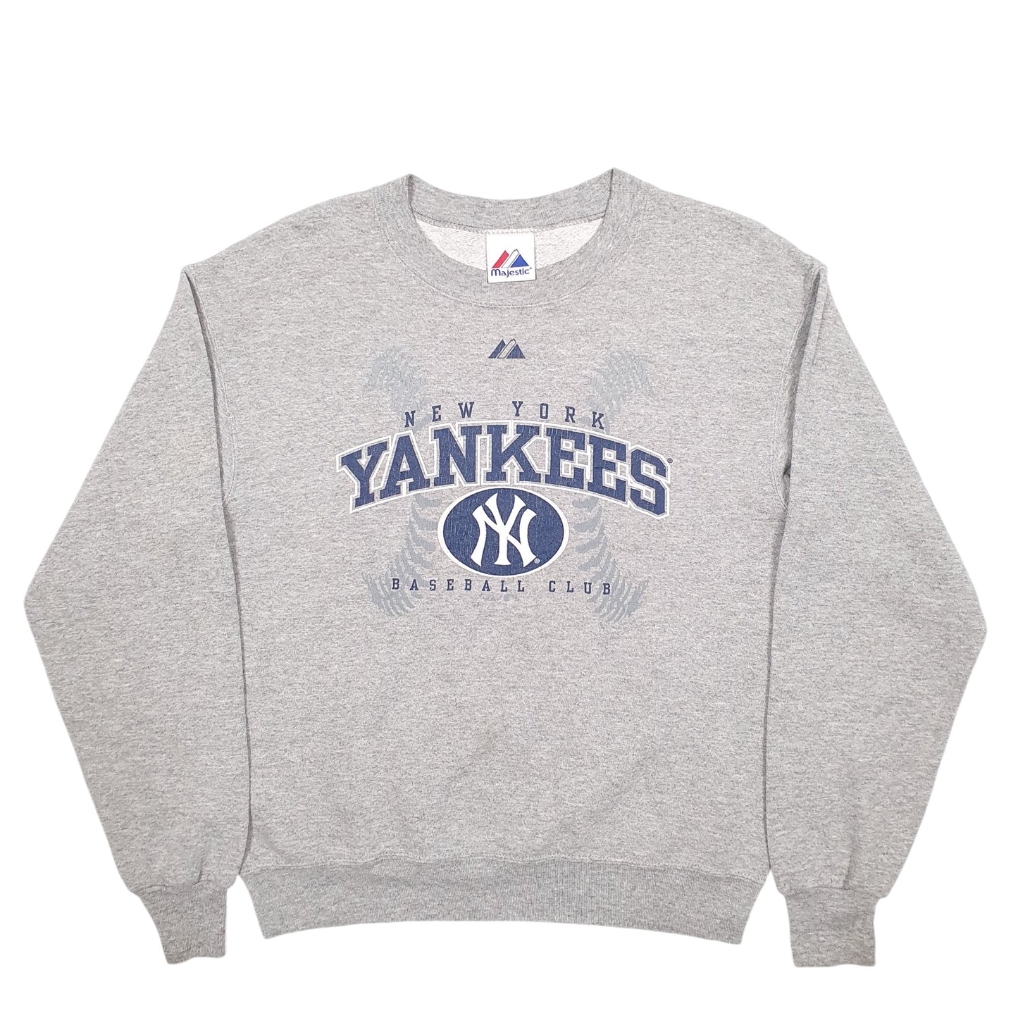Mens Grey Majestic New York Yankees Baseball Spellout Crewneck Jumper