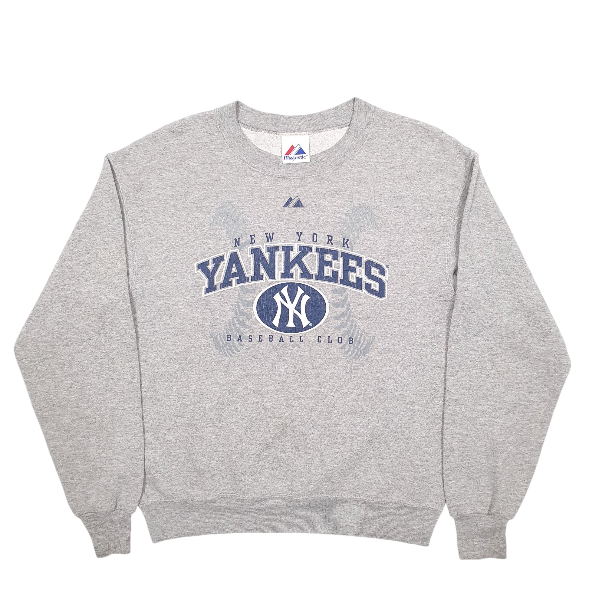 Mens Grey Majestic New York Yankees Baseball Spellout Crewneck Jumper