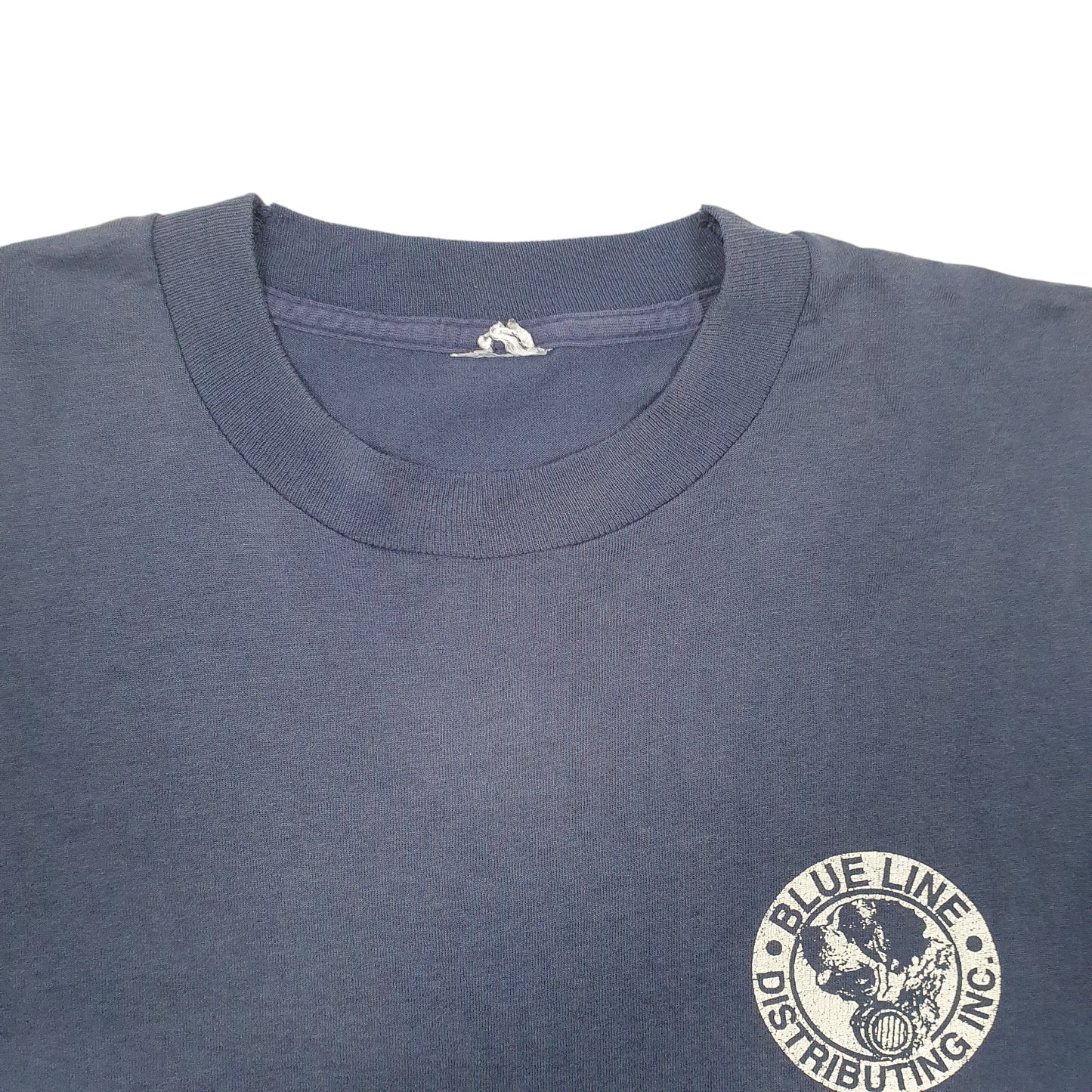 Mens Navy Unbranded Single Stitch Vintage 90s Blue Line Distributing Short Sleeve T Shirt