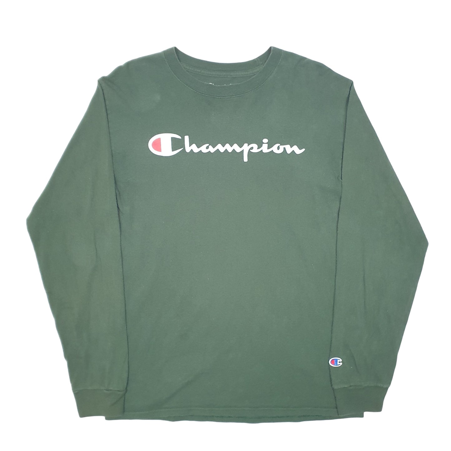 Mens Green Champion Script Long Sleeve T Shirt