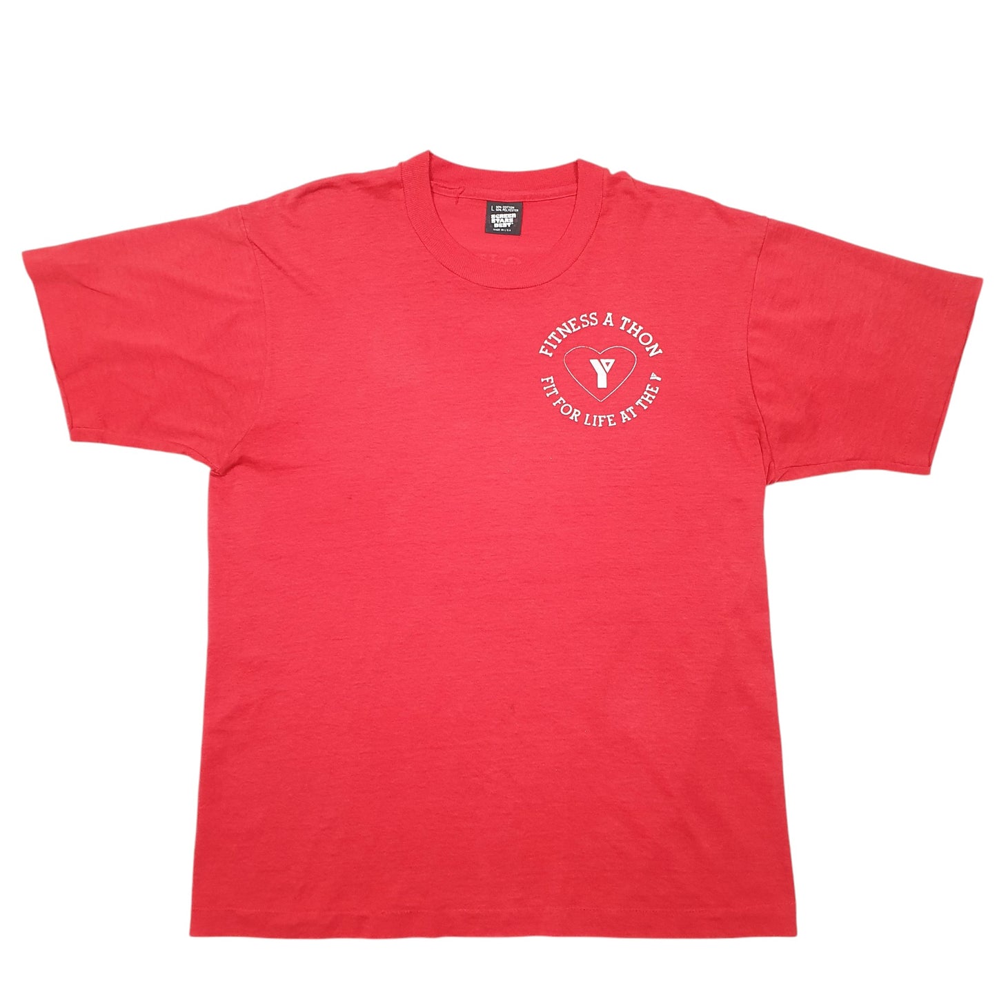 Mens Red Screen Stars Single Stitch Vintage 90s YMCA Fitness Made In USA Short Sleeve T Shirt