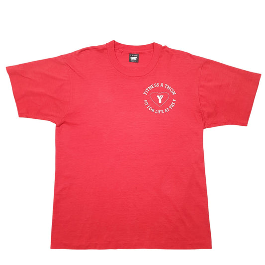 Mens Red Screen Stars Single Stitch Vintage 90s YMCA Fitness Made In USA Short Sleeve T Shirt