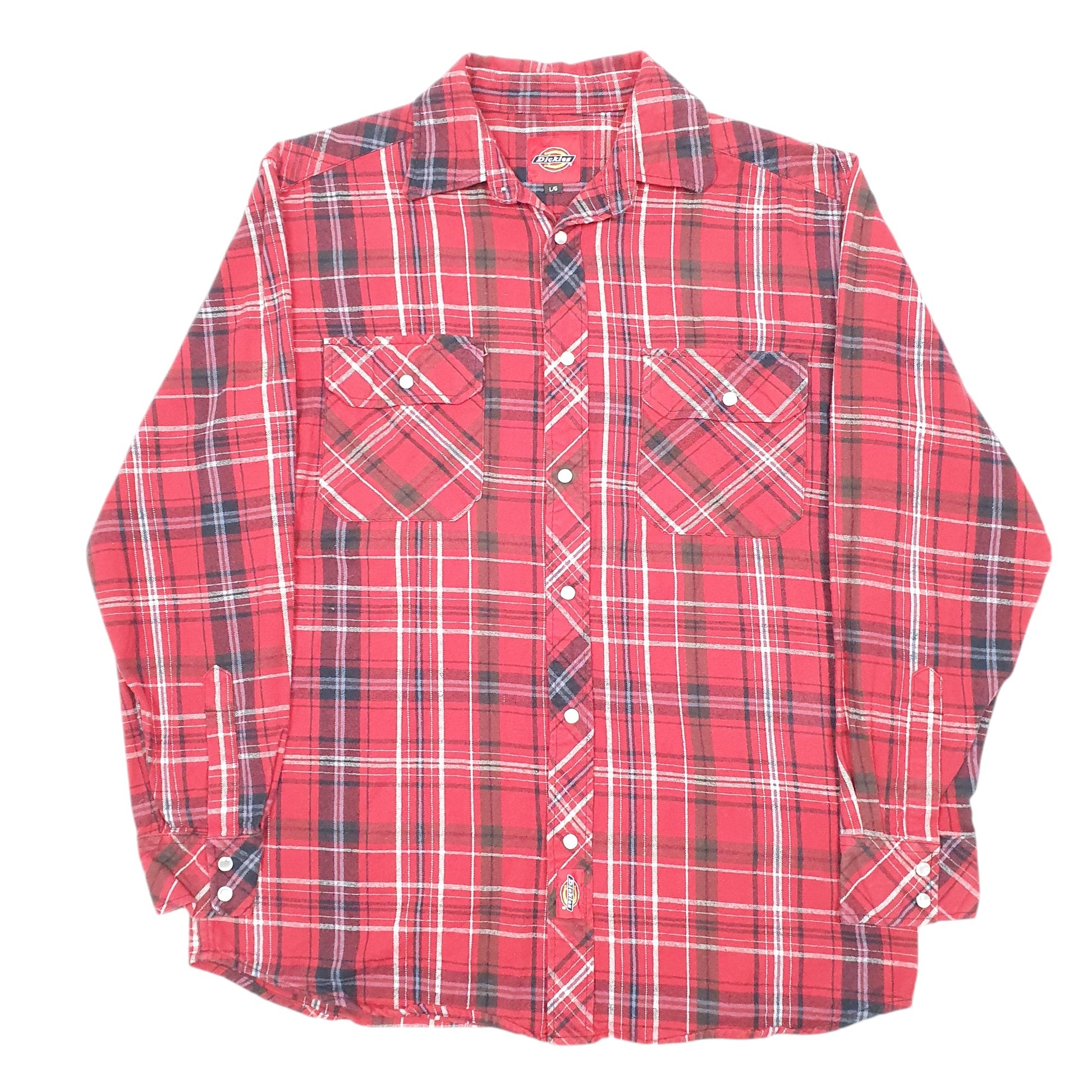 Mens Red Dickies Workwear Plaid Pearl Snap Flannel Long Sleeve Shirt