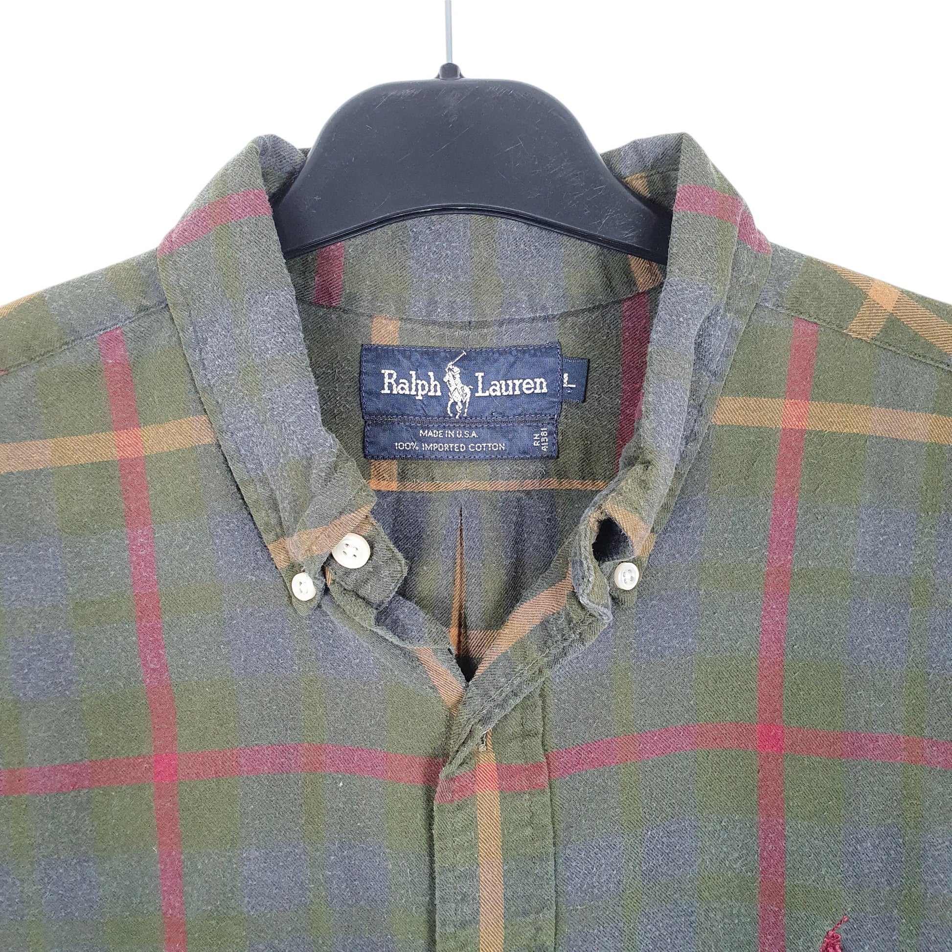 Mens Green Ralph Lauren Made In USA Vintage Lightweight Flannel Long Sleeve Shirt