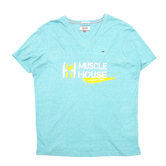 Mens Green Tommy Hilfiger V Neck Muscle House Spellout Gym Short Sleeve T Shirt