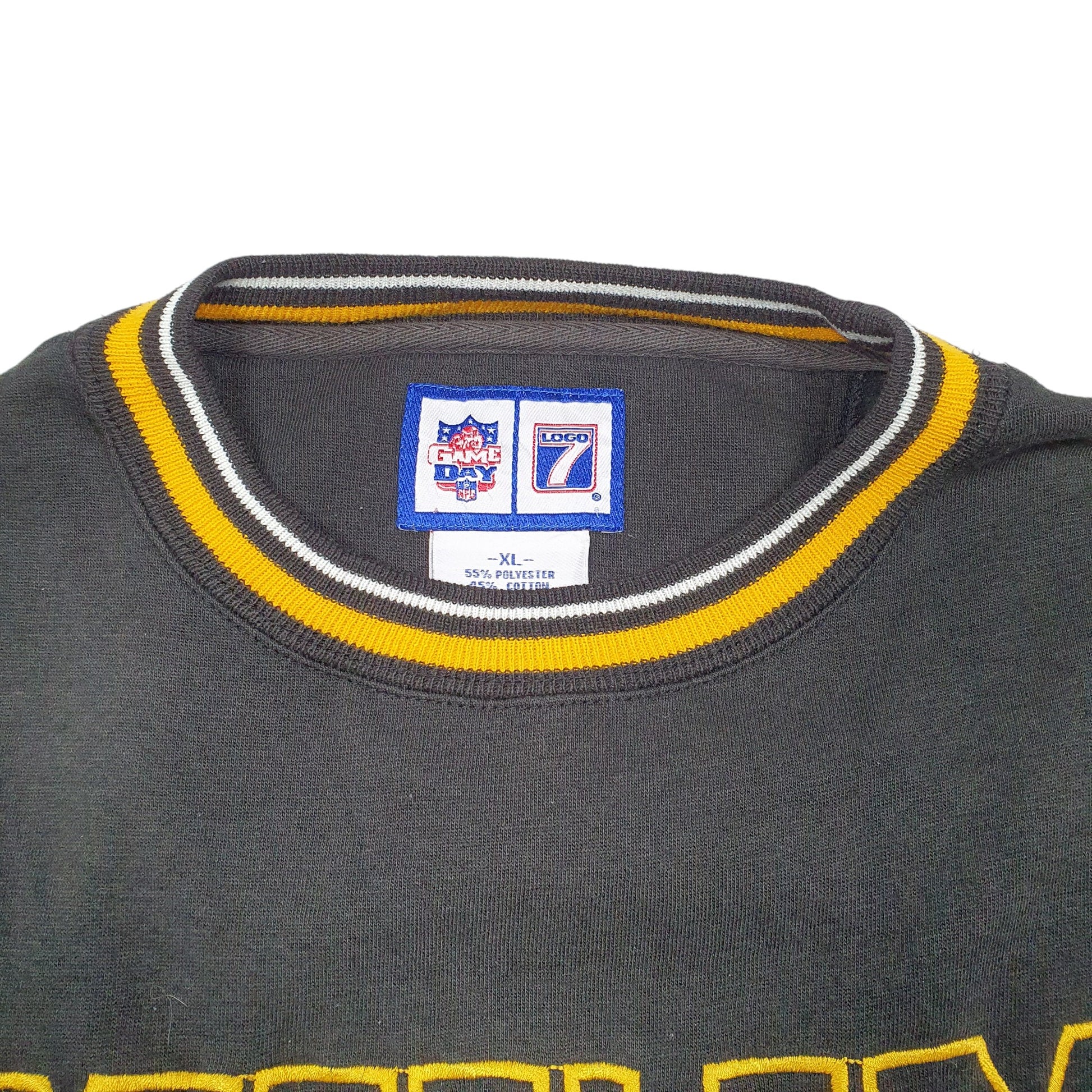 Mens Black Logo 7 Vintage NFL Pittsburgh Steelers Football USA Spellout Crewneck Jumper