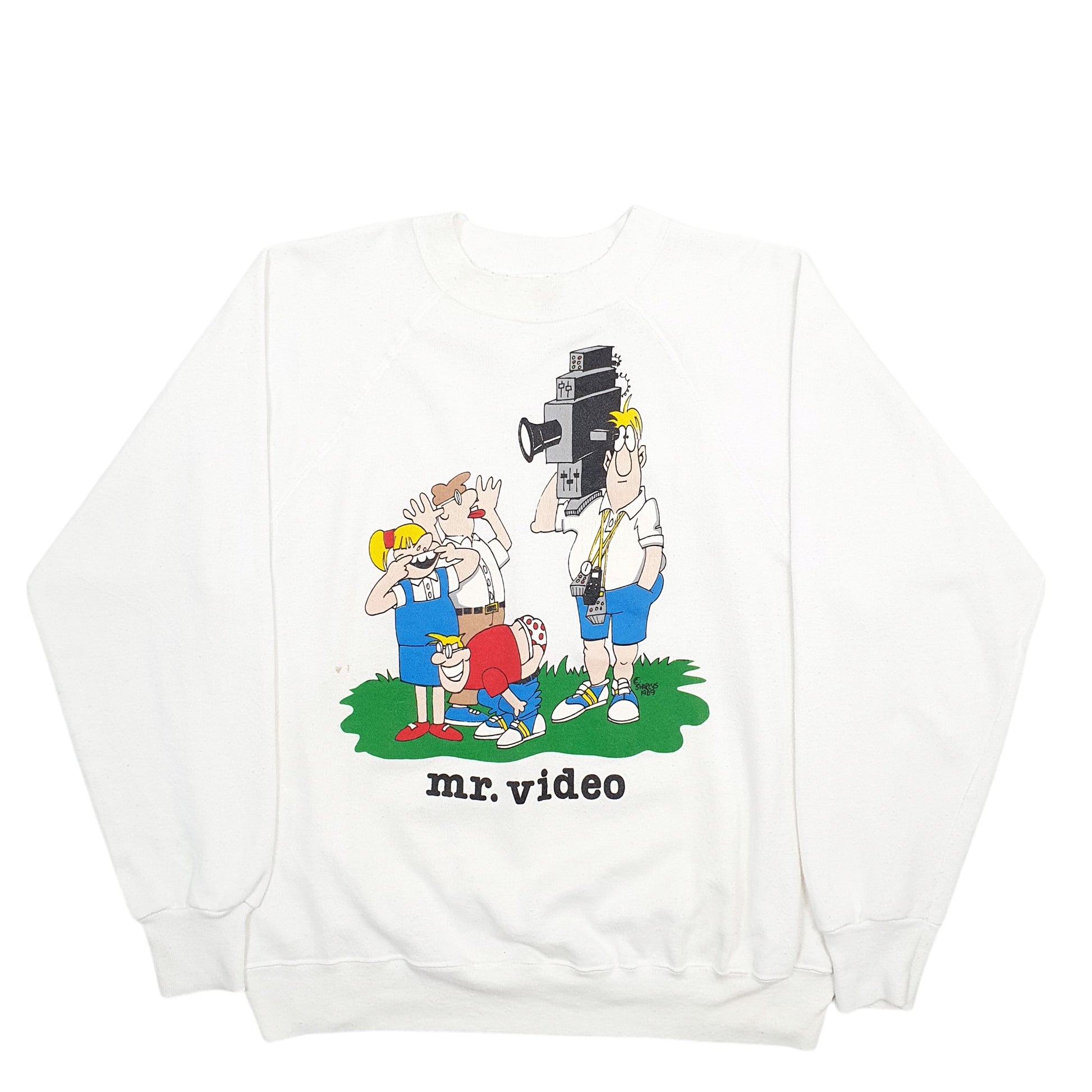 Mens White Ultra Sweats Mr Video Cartoon Vintage 90's Jim Benton Crewneck Jumper