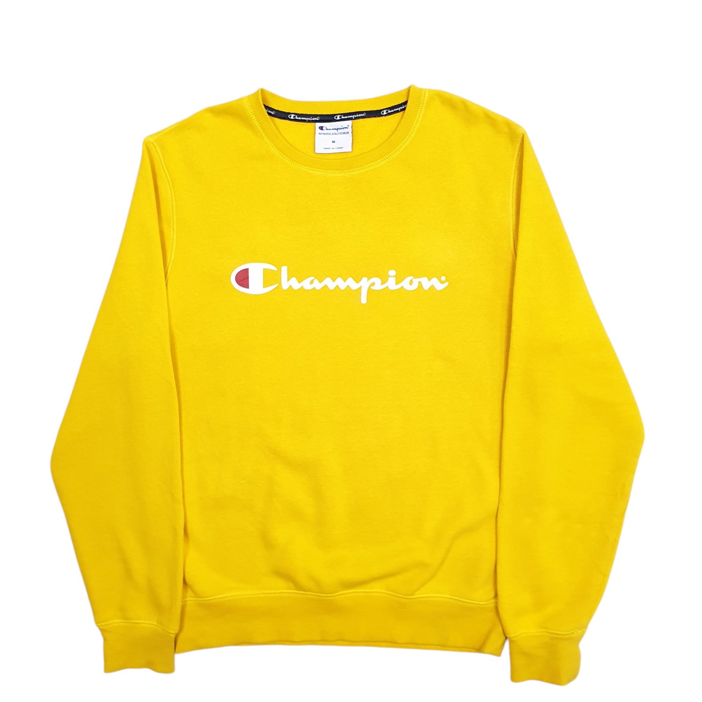 Mens Yellow Champion Spellout Crewneck Jumper