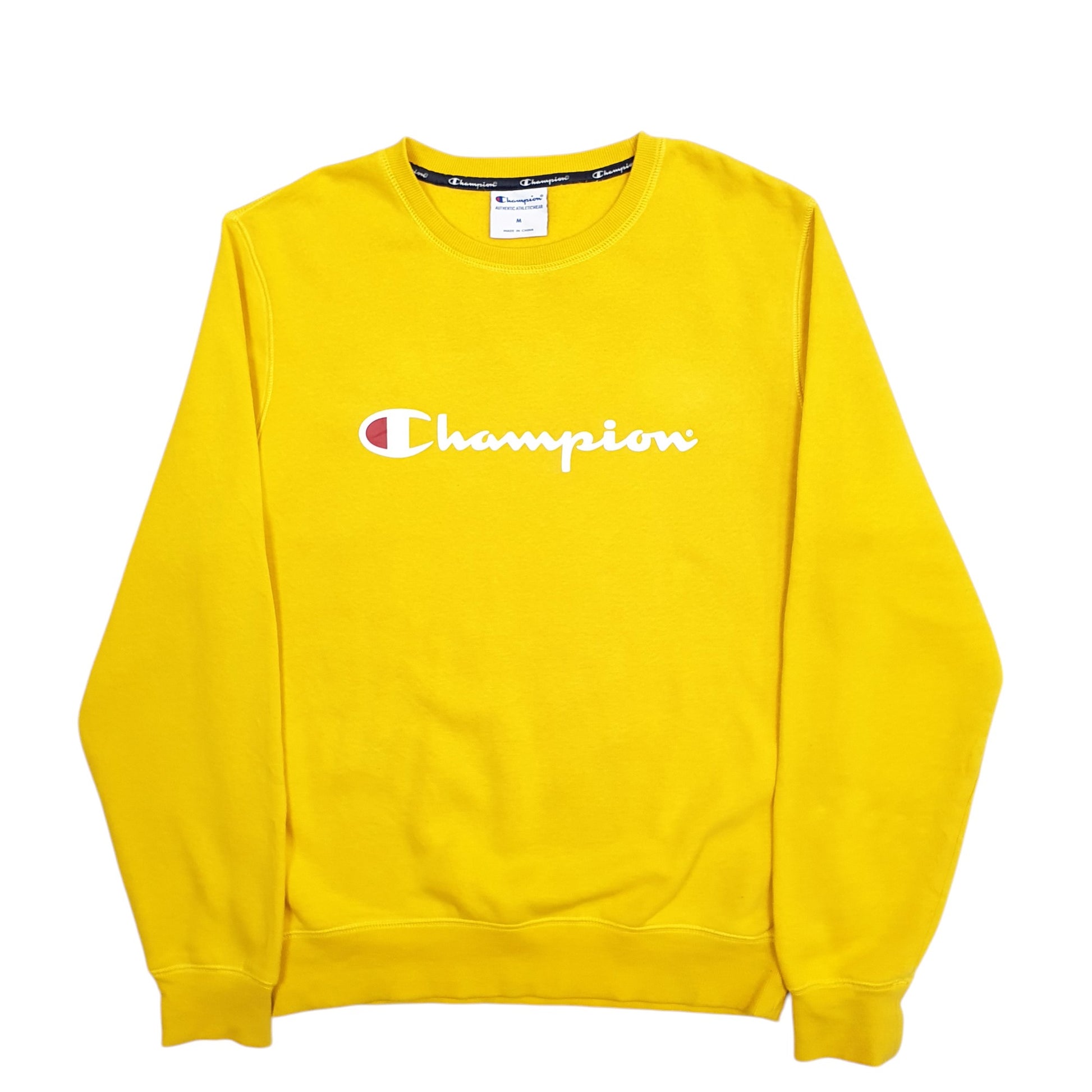 Mens Yellow Champion Spellout Crewneck Jumper