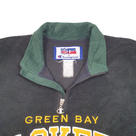 Mens Black Champion Vintage Pro Line NFL Green Bay Packers Spellout Football Quarter Zip Jumper