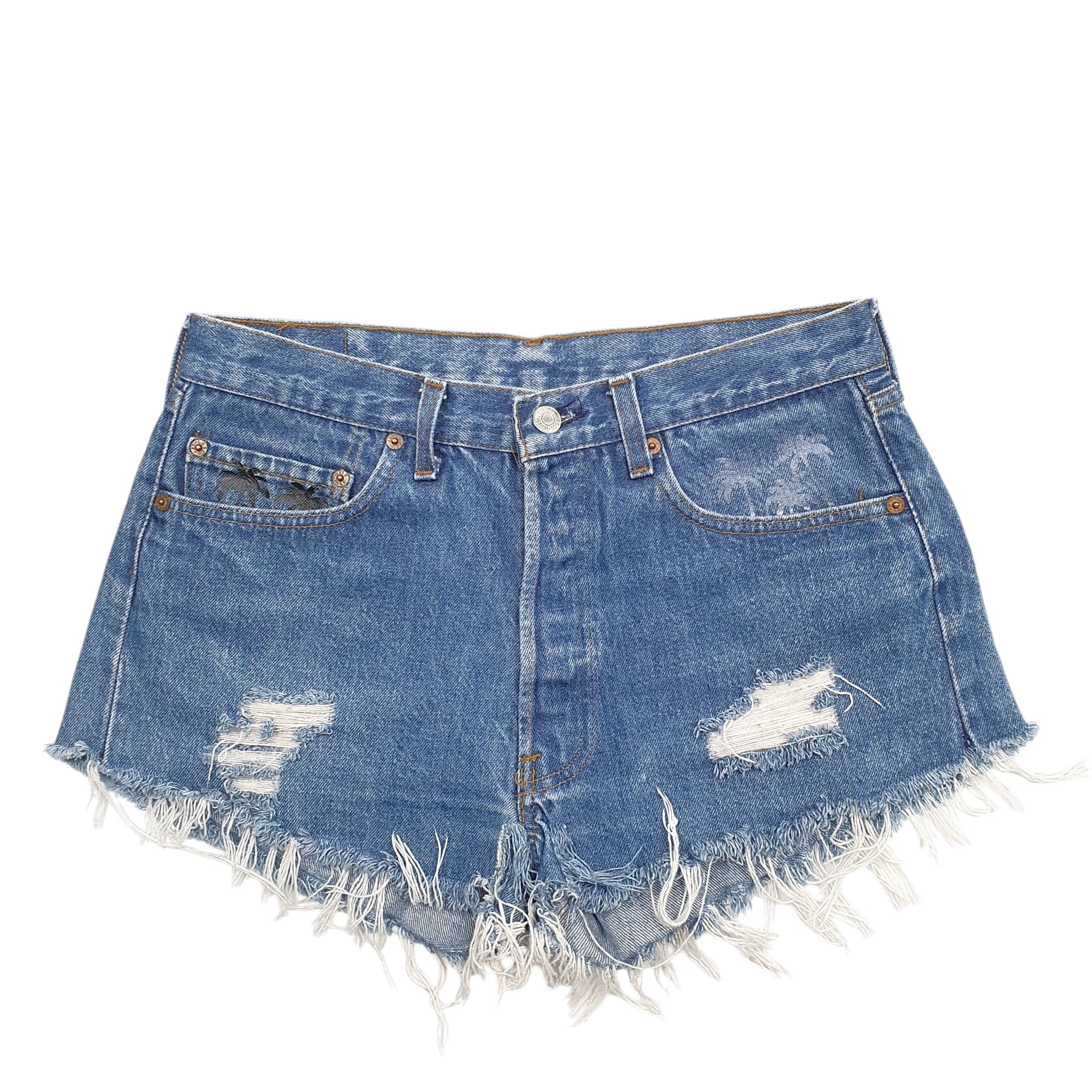 Womens Levis Blue Denim Reworked Distressed Shorts – Bundl Clothing