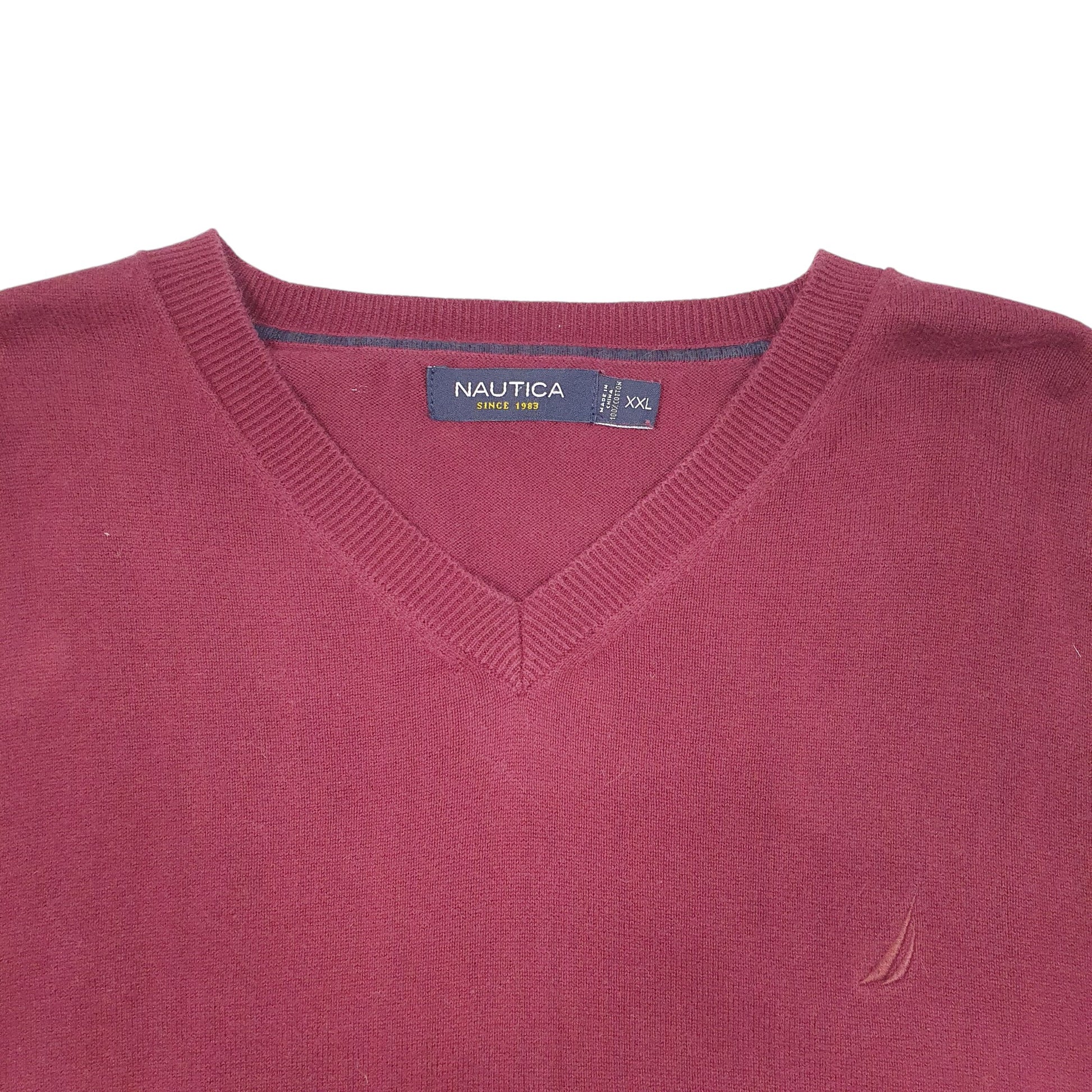 Mens Burgundy Nautica Knit V Neck Jumper