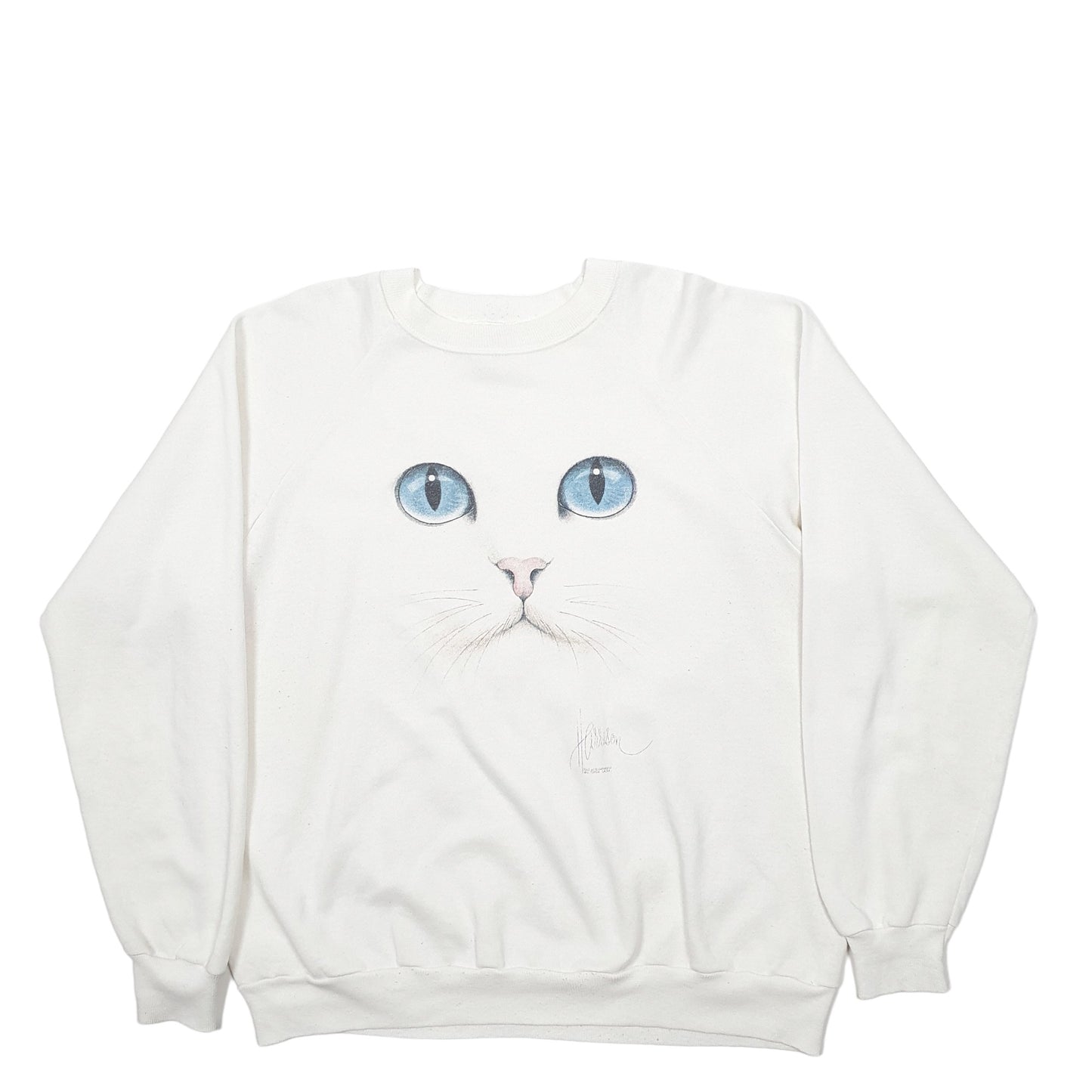 Mens White Hanes Made In USA Vintage 90's Cat Crewneck Jumper