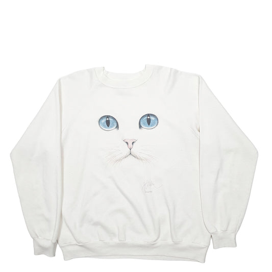 Mens White Hanes Made In USA Vintage 90's Cat Crewneck Jumper