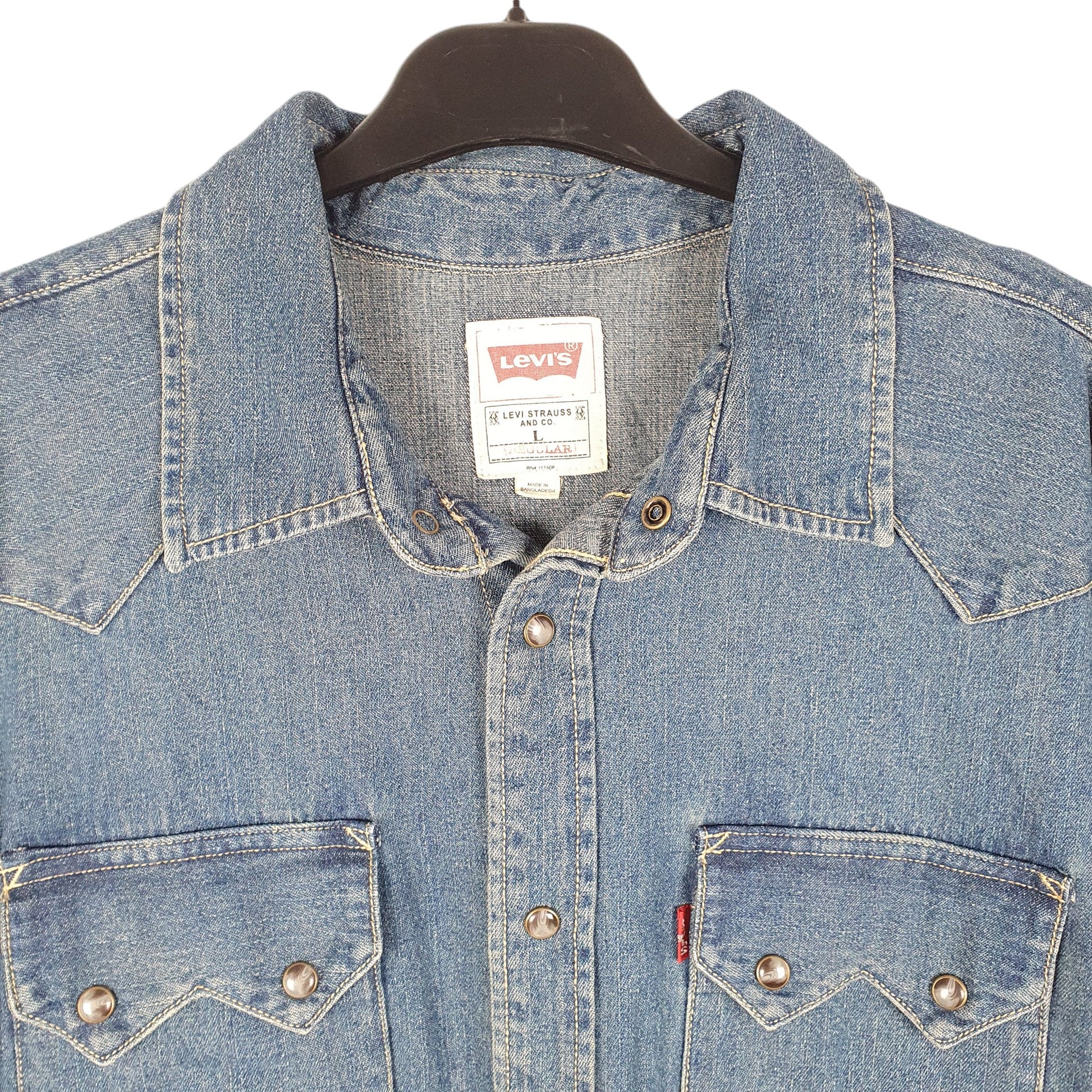 Mens Blue Levis Denim Jeans Western Pearl Snap Cowboy Overshirt Long Sleeve Shirt