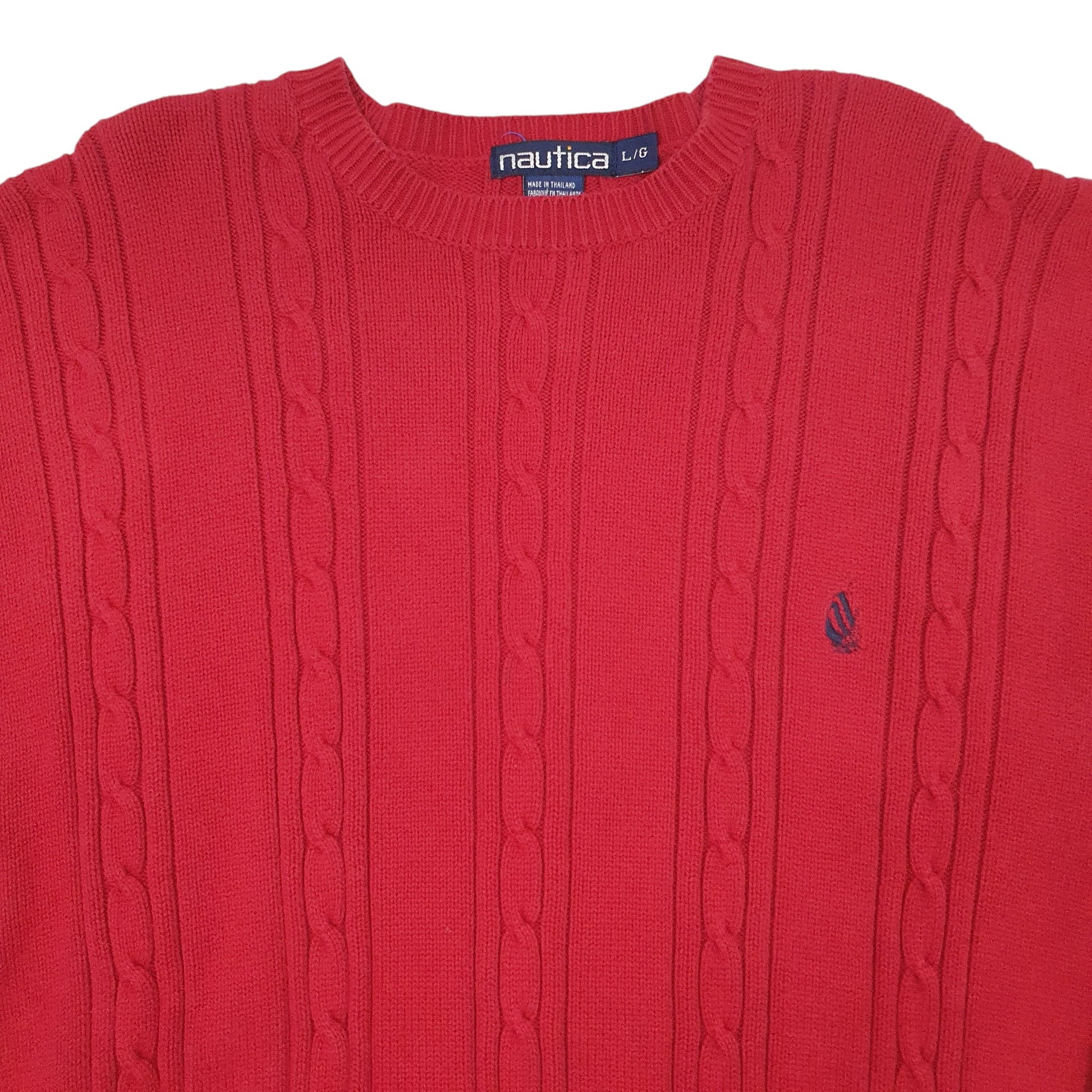 Mens Red Nautica Vintage Cable Knit Knitwear Crewneck Jumper