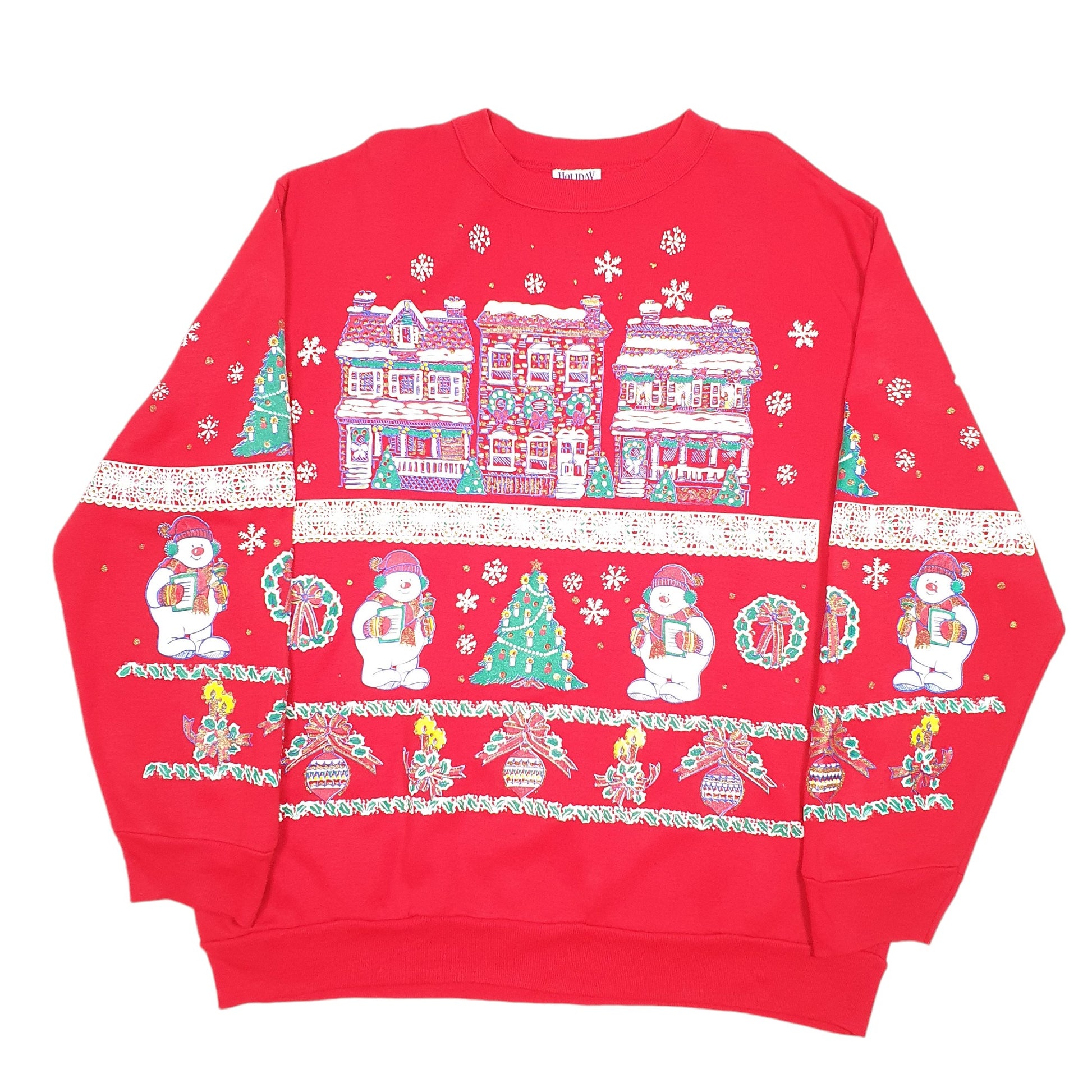 Mens Red Holiday Time Vintage Festive Christmas Snowmen Made In USA 90s Crewneck Jumper