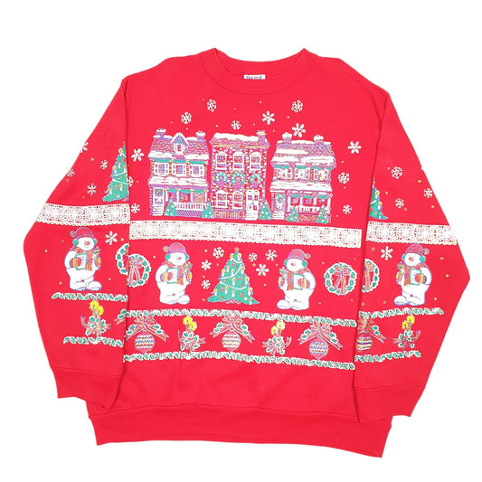 Mens Red Holiday Time Vintage Festive Christmas Snowmen Made In USA 90s Crewneck Jumper