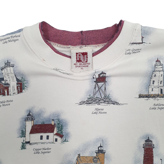 Mens White Art Unlimited Vintage 1990s Made in USA Great Lakes Lighthouses Crewneck Jumper
