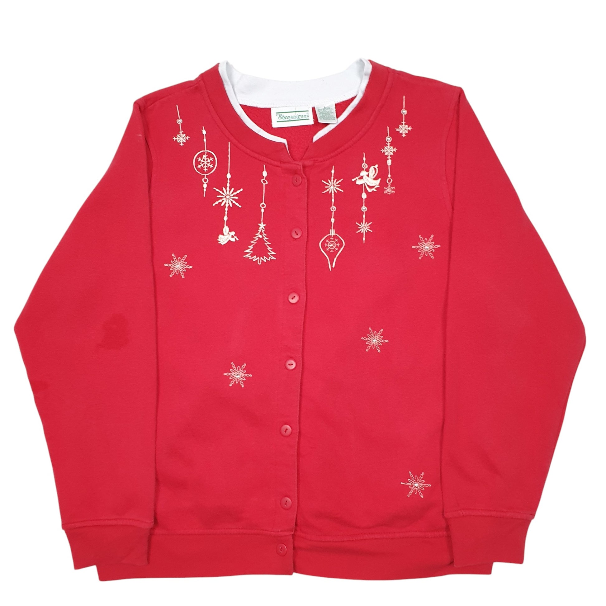 Womens Red Shenanigans Christmas Festive Ornaments Snowflake Cardigan Jumper