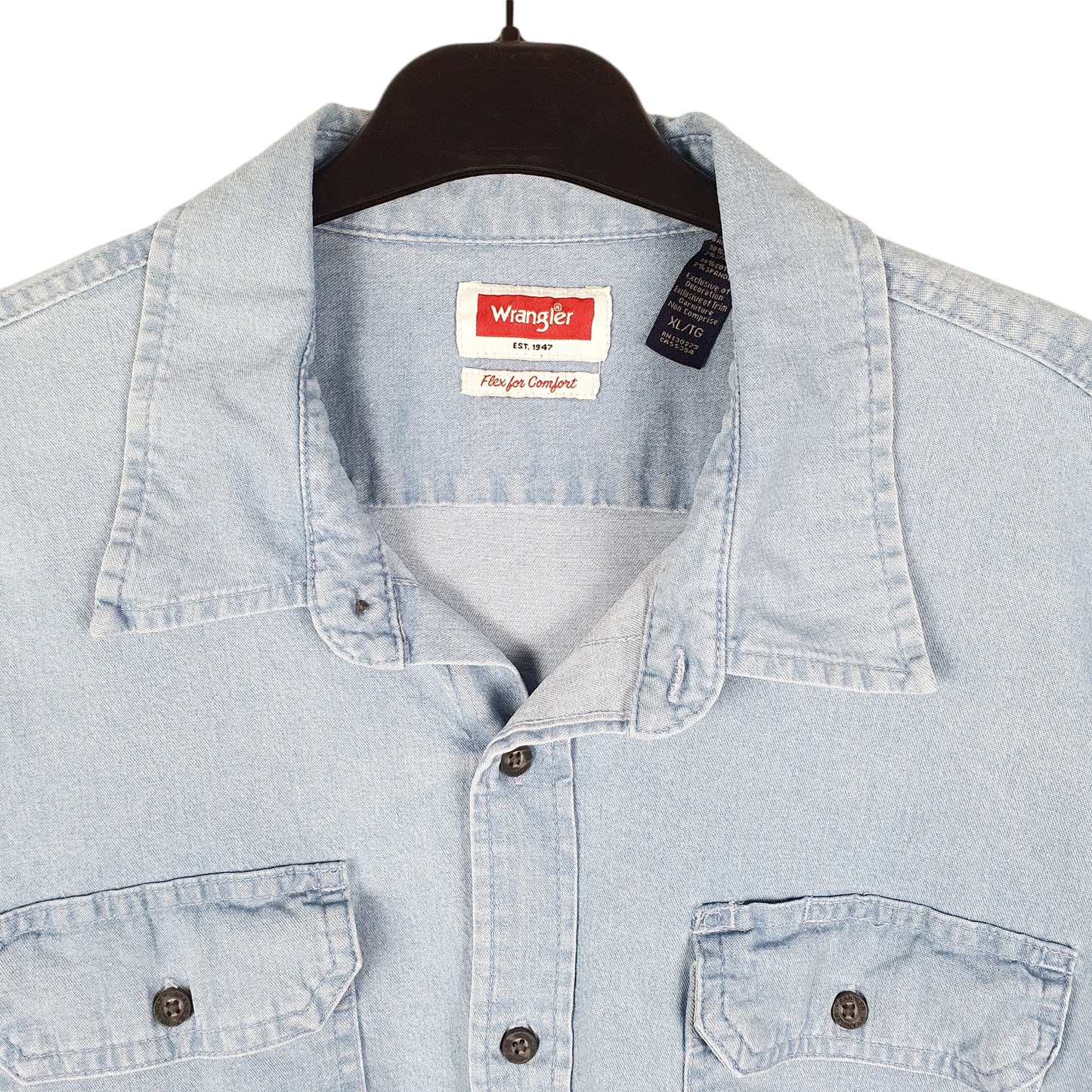 Mens Blue Wrangler Denim Jeans Chambray Work Comfort Flex Stretch Long Sleeve Shirt