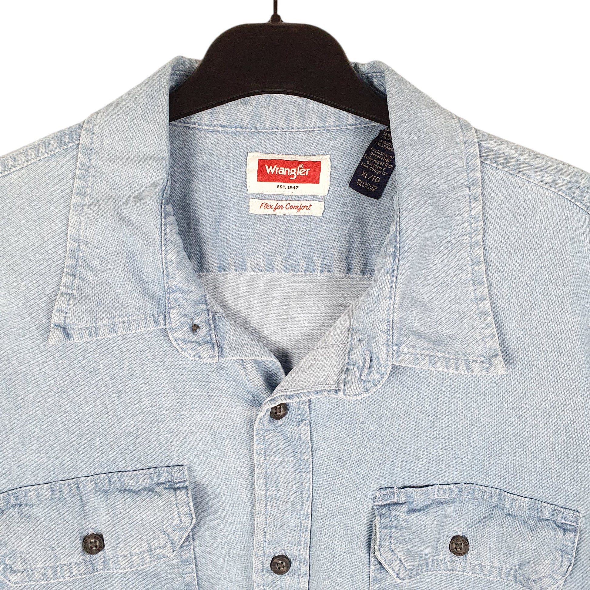 Mens Blue Wrangler Denim Jeans Chambray Work Comfort Flex Stretch Long Sleeve Shirt