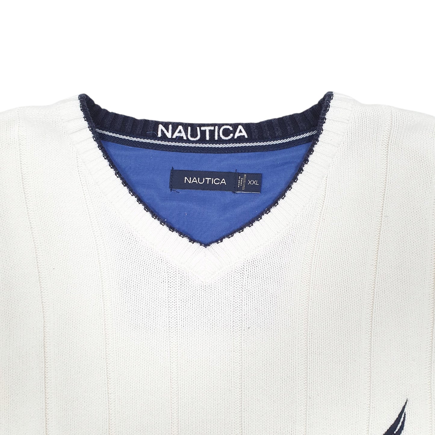 Mens Cream Nautica Knit Ribbed V Neck Jumper