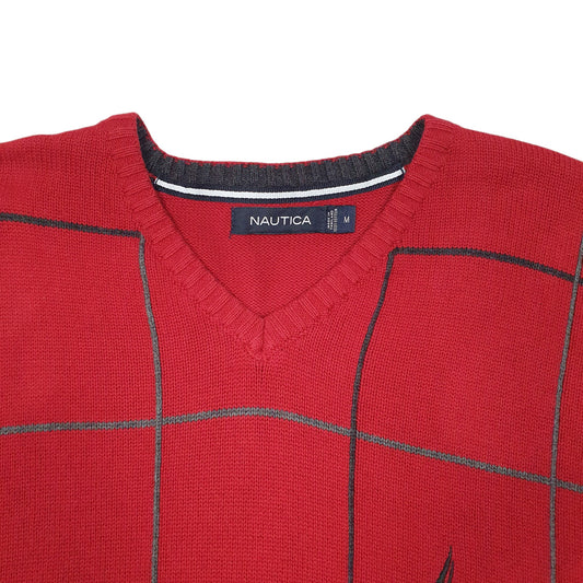 Mens Red Nautica Knit Grid V Neck Jumper