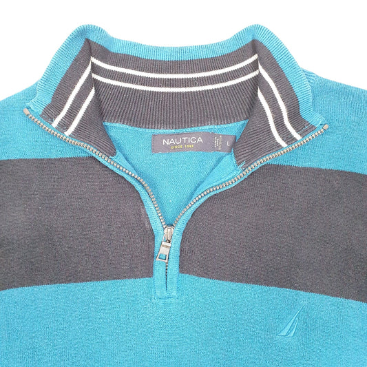 Mens Blue Nautica Knit Striped Sweater Quarter Zip Jumper