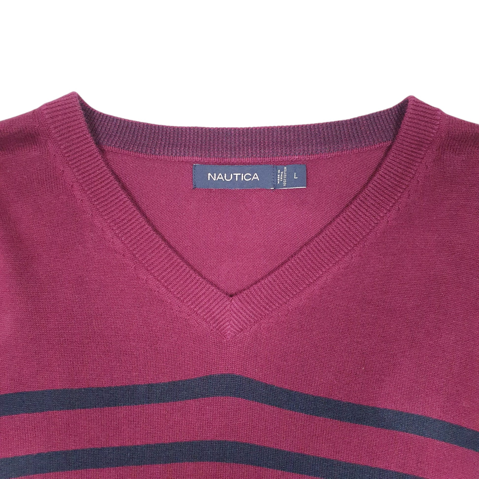 Mens Burgundy Nautica Knit Striped V Neck Jumper