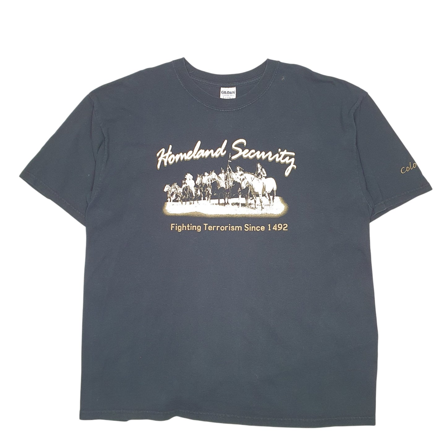 Mens Black Gildan Heavyweight Homeland Security Native American Short Sleeve T Shirt