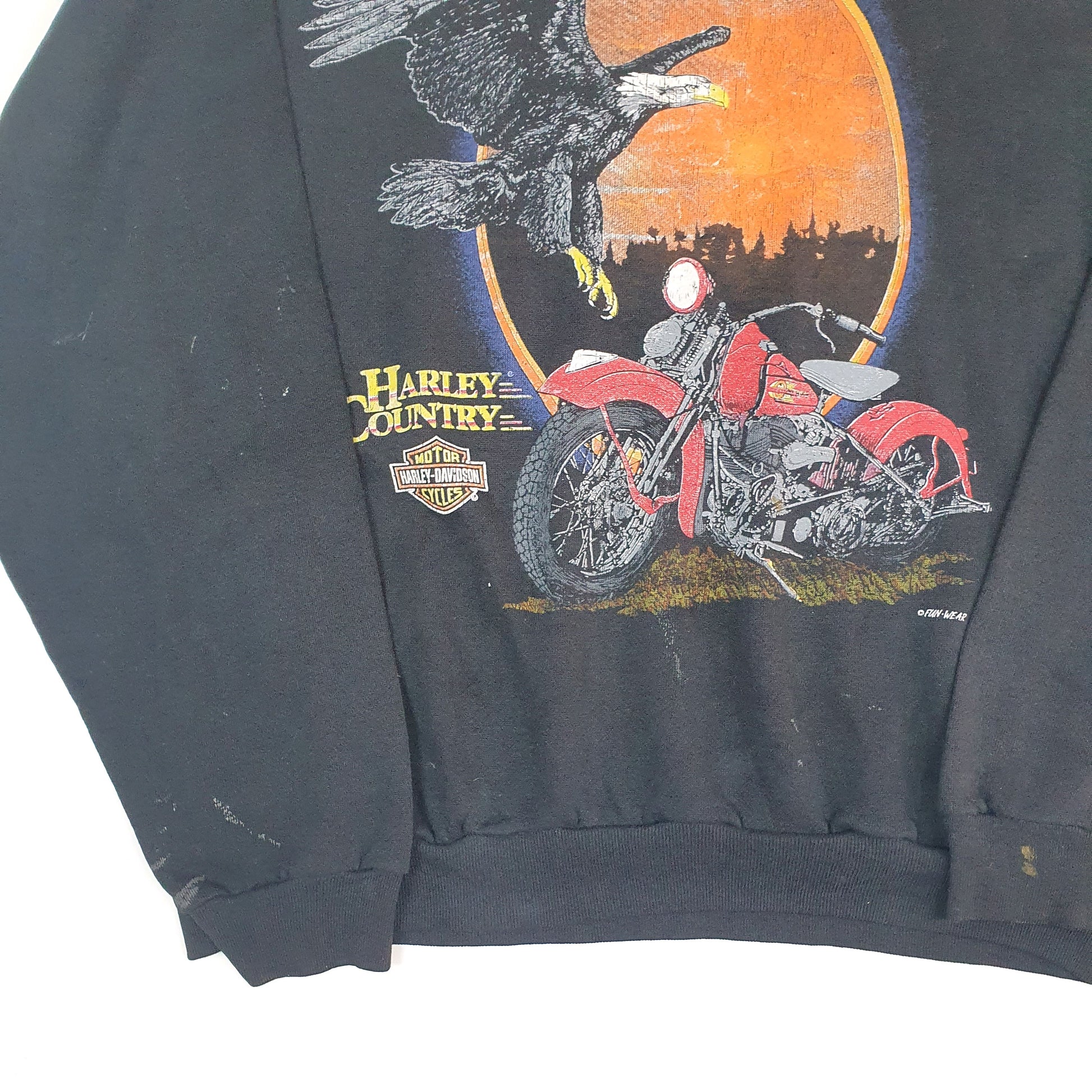 Mens Black Harley Davidson Vintage 1990s Made in USA Fun Wear Eagle Harley Country Crewneck Jumper