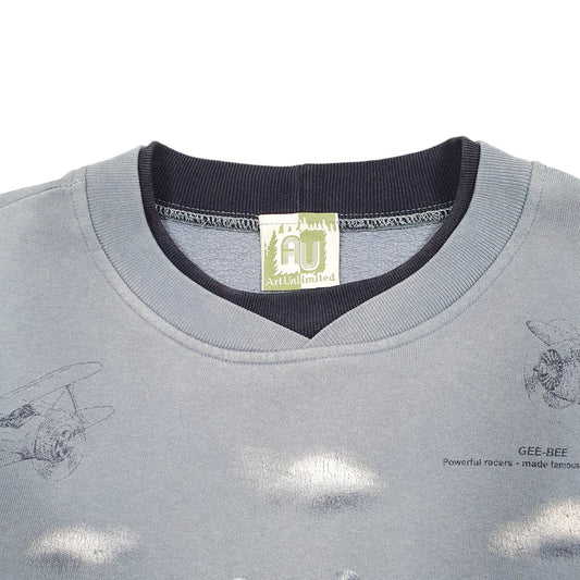 Mens Grey Art Unlimited History Of Aviation Spitfire Mustang Fighters Vintage 90s Crewneck Jumper