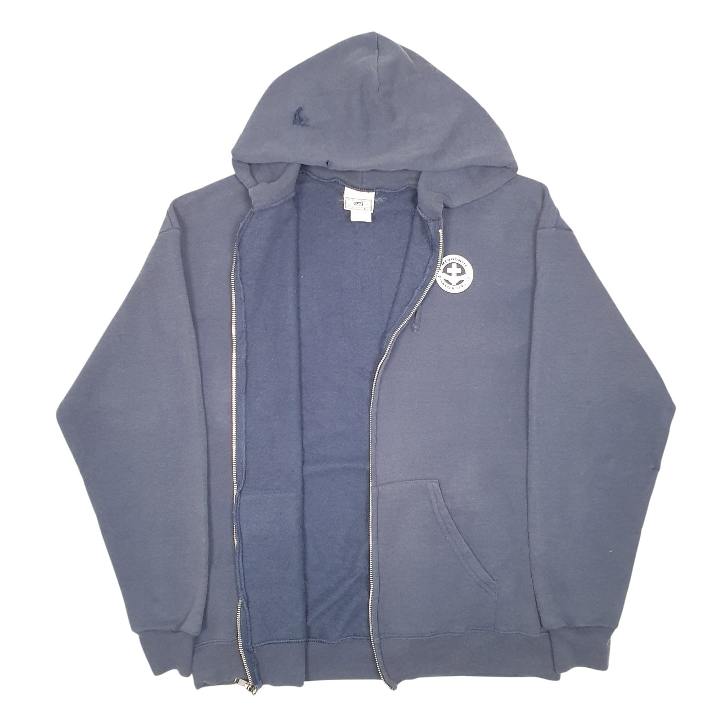 Mens Navy Lee Hoodie Vintage Heavyweight Mennonite Disaster Service Full Zip Jumper