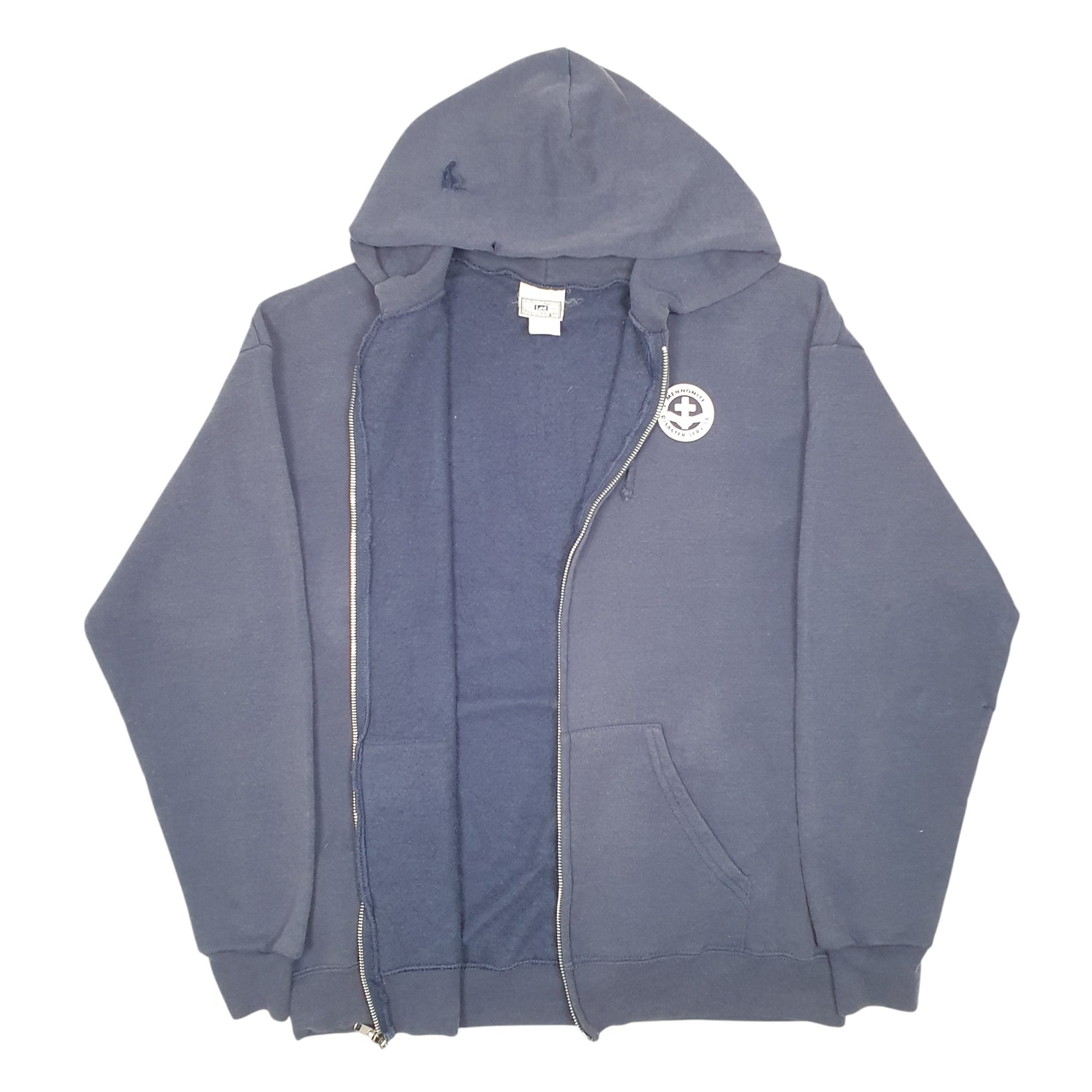 Mens Navy Lee Hoodie Vintage Heavyweight Mennonite Disaster Service Full Zip Jumper