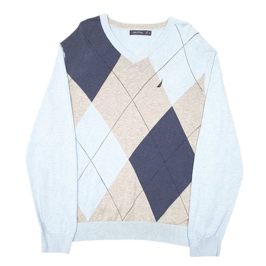 Mens Blue Nautica Knit Argyle V Neck Jumper