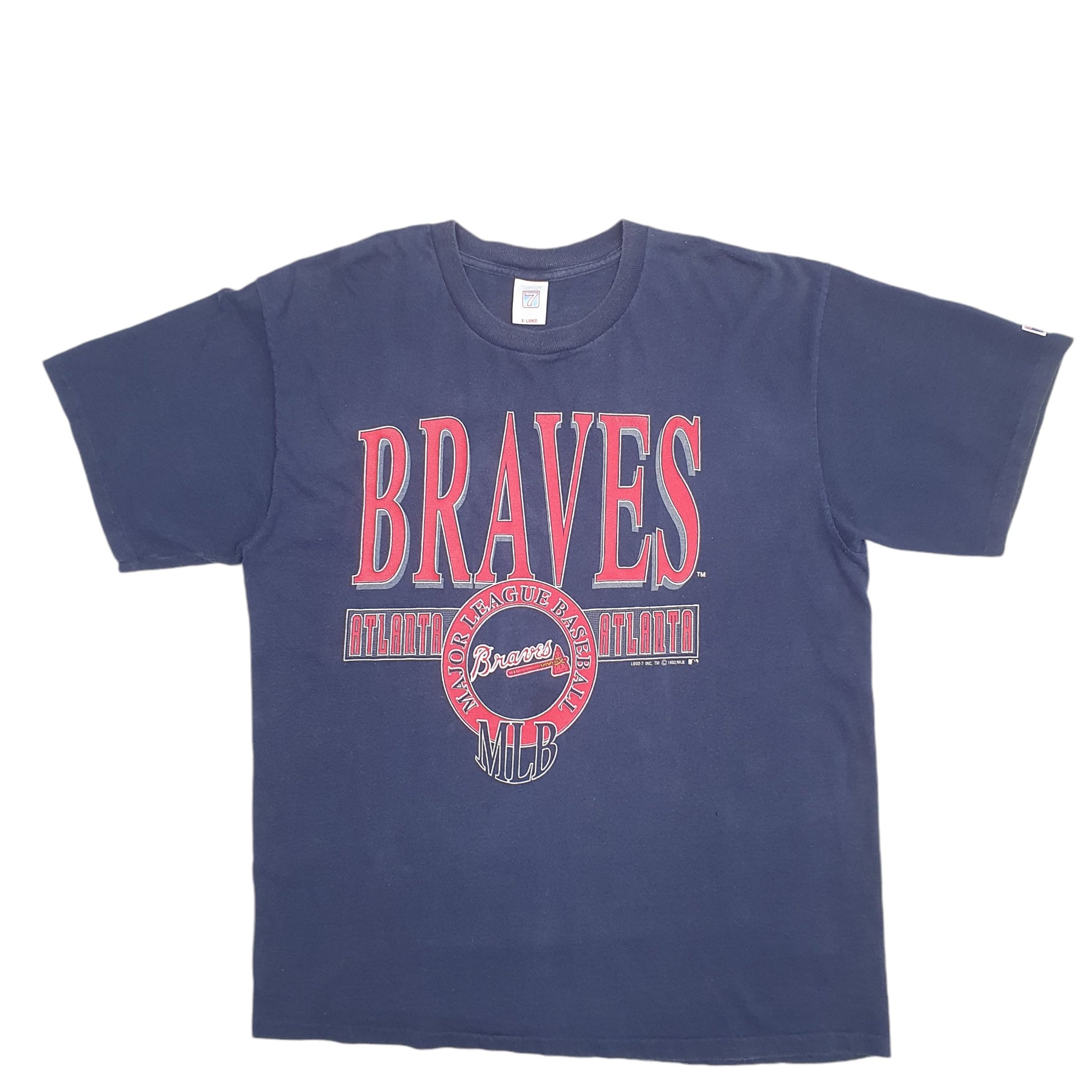 Mens Navy Logo 7 Atlanta Braves MLB Baseball Vintage 1990s Made In USA Short Sleeve T Shirt