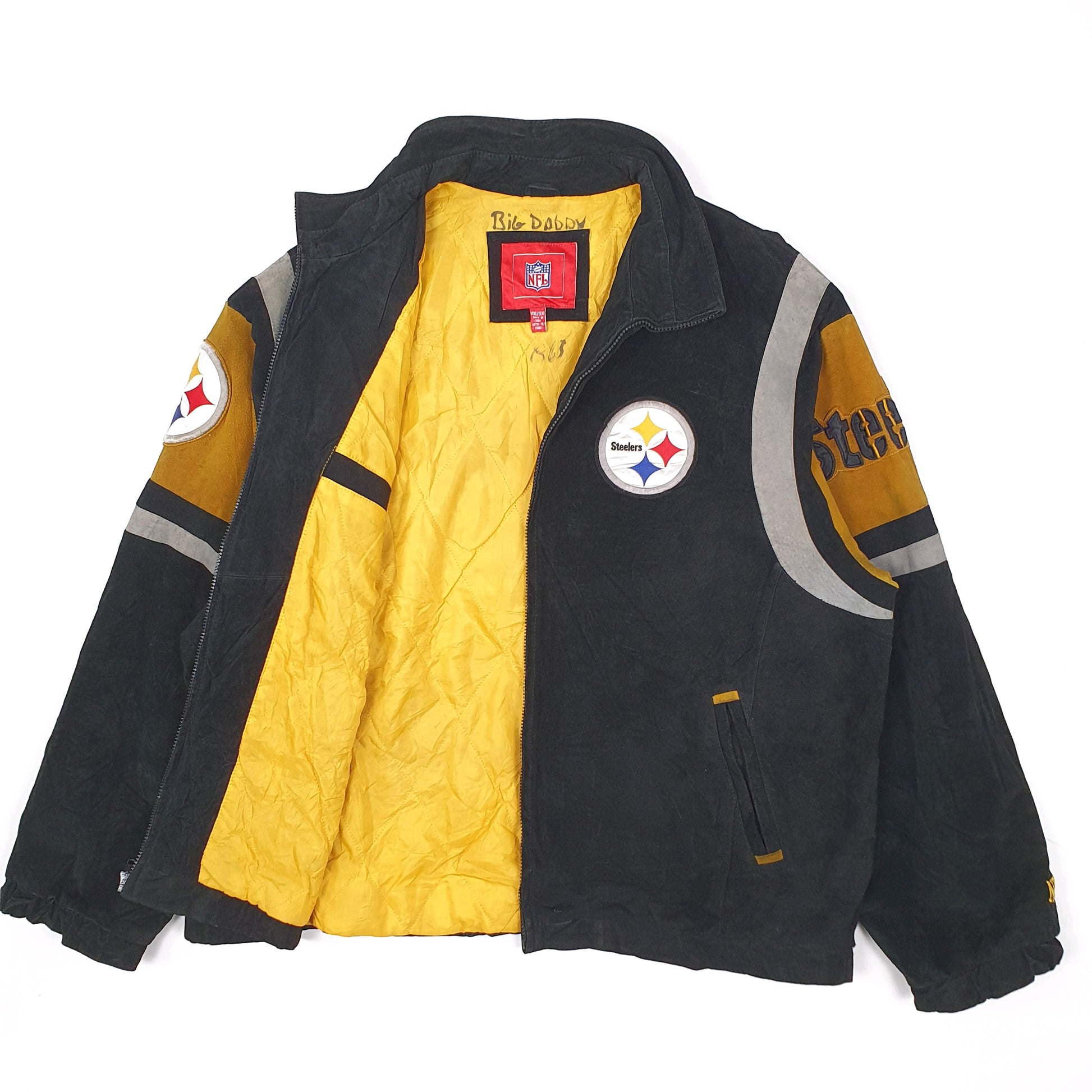 Mens Black NFL Pittsburgh Steelers Football Suede Leather  Coat