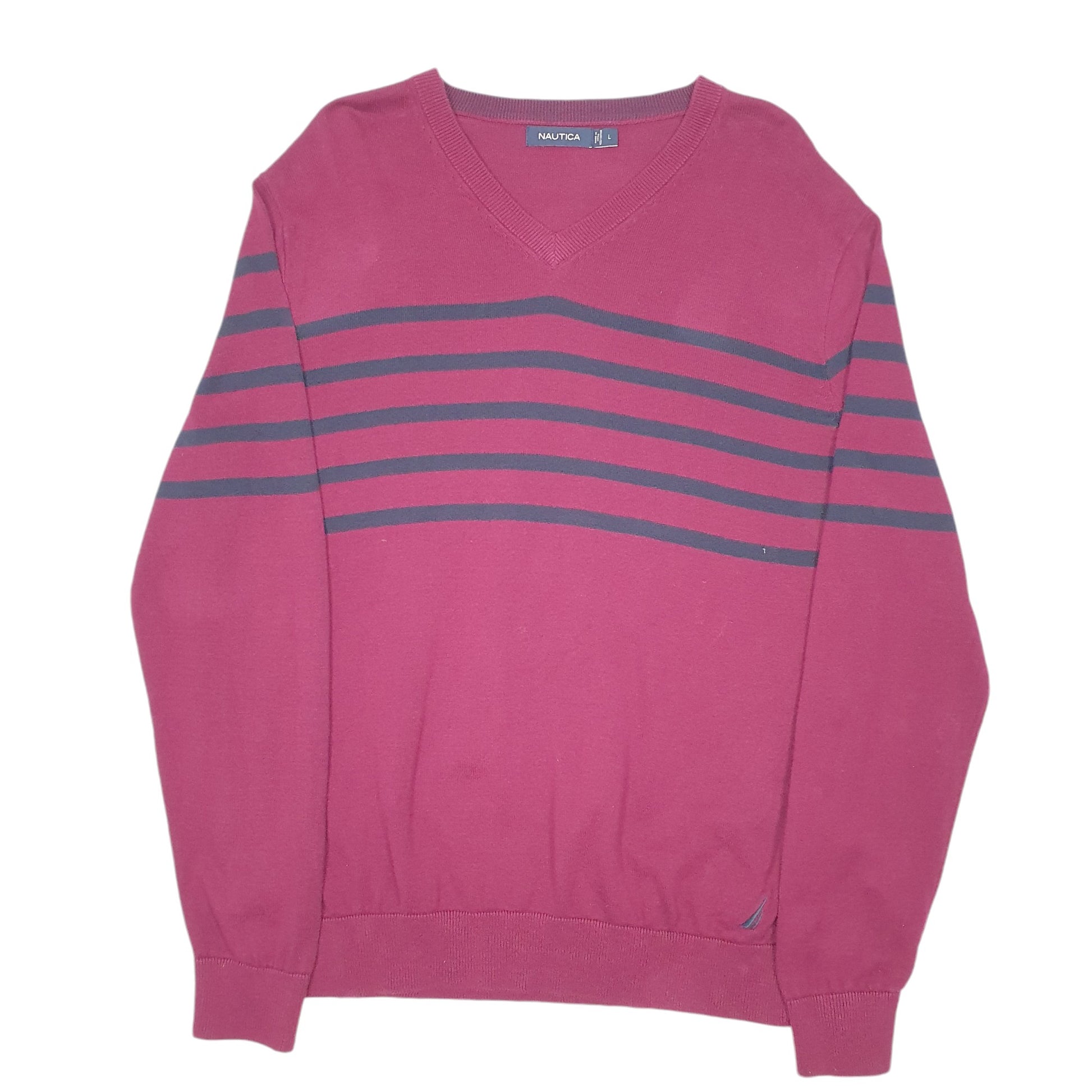 Mens Burgundy Nautica Knit Striped V Neck Jumper