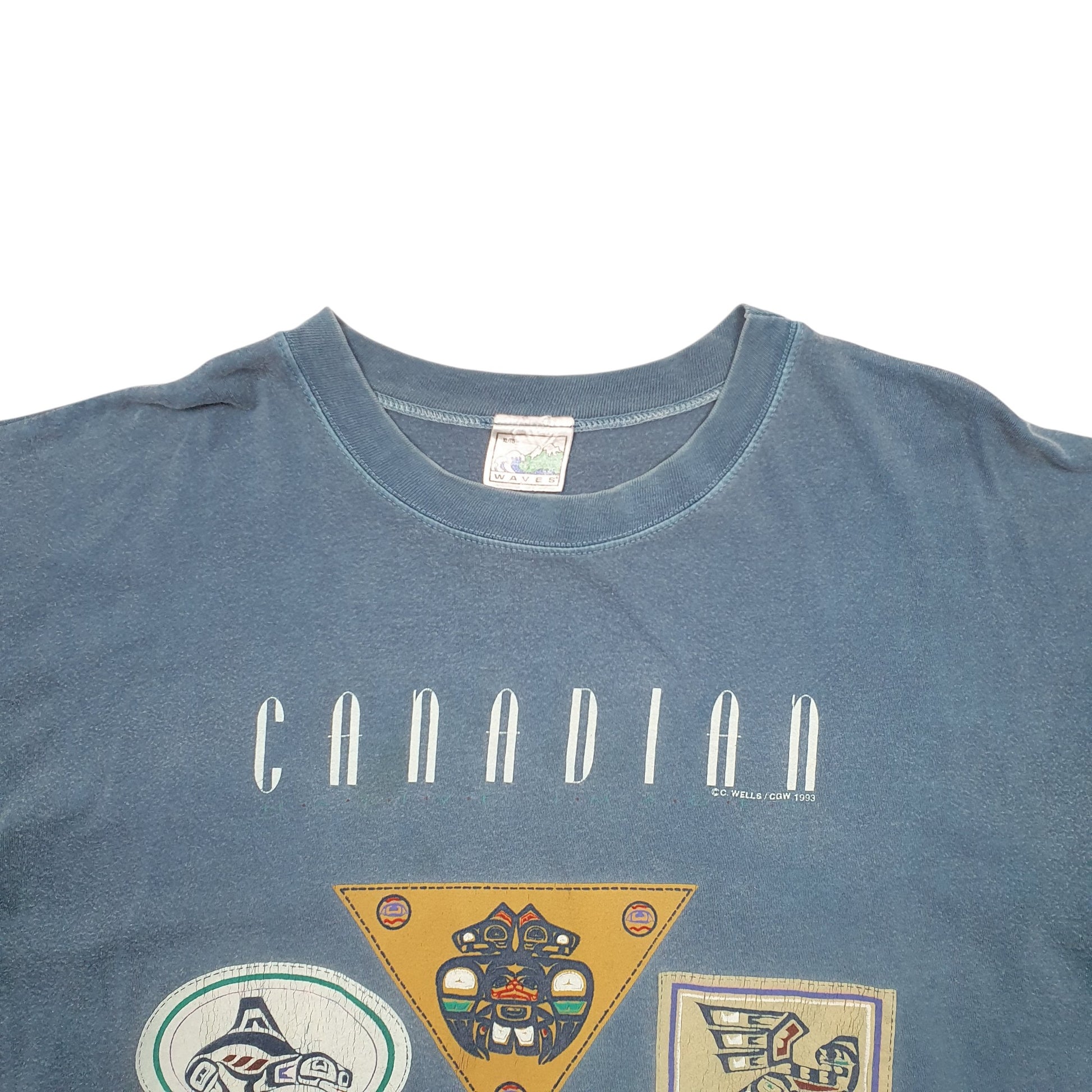 Mens Blue Waves Single Stitch Vintage 90s Short Sleeve T Shirt