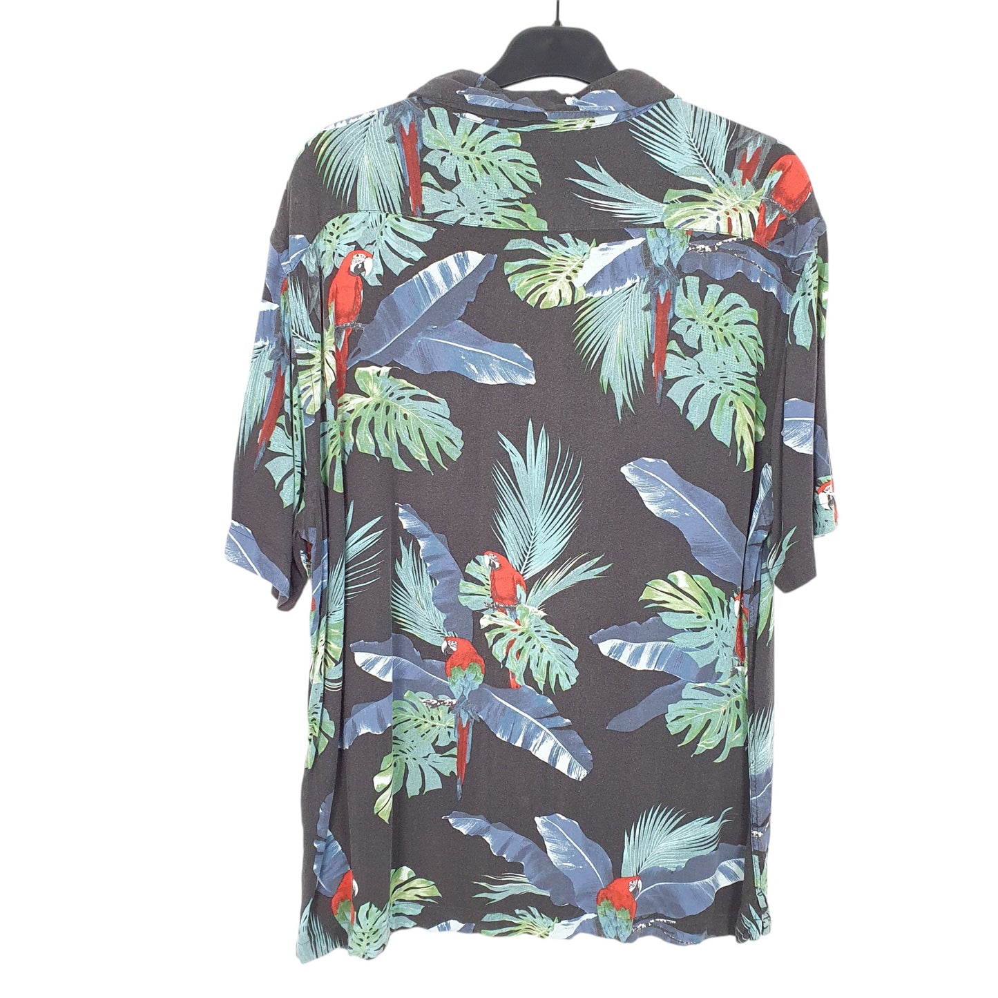 Mens Black H&M Hawaiian Parrots Tropical Short Sleeve Shirt