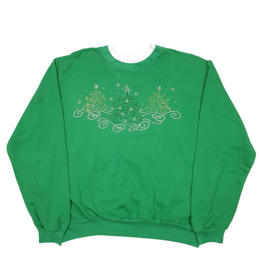 Womens Green Decorated Originals Christmas Trees Festive Rhinestone Sparkle Crewneck Jumper