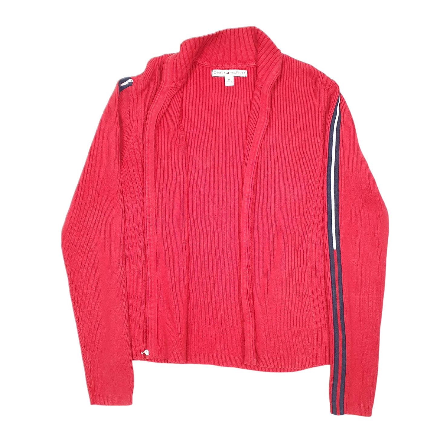 Womens Red Tommy Hilfiger Knit Ribbed Cardigan Top Full Zip Jumper