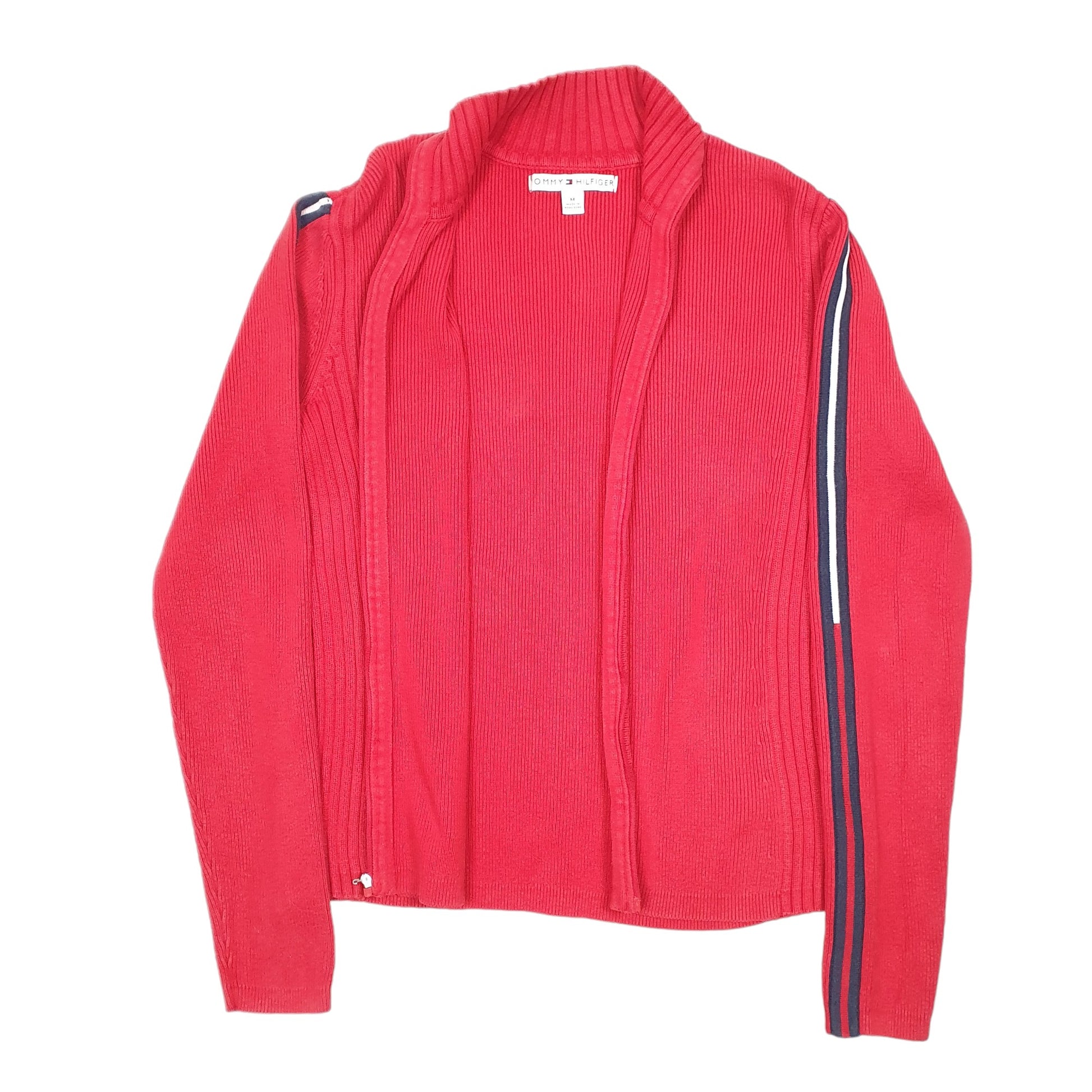 Womens Red Tommy Hilfiger Knit Ribbed Cardigan Top Full Zip Jumper