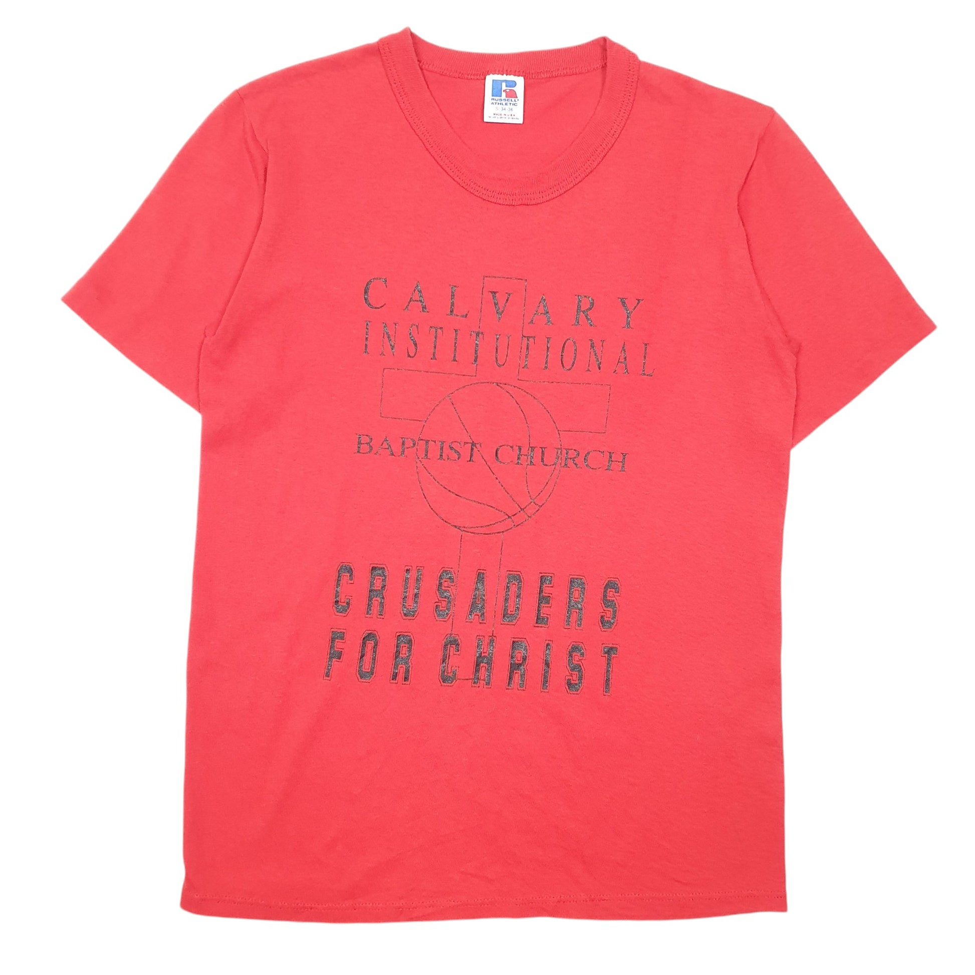 Mens Red Russell Athletic Single Stitch Vintage 90s Made In USA Crusades For Christ Short Sleeve T Shirt